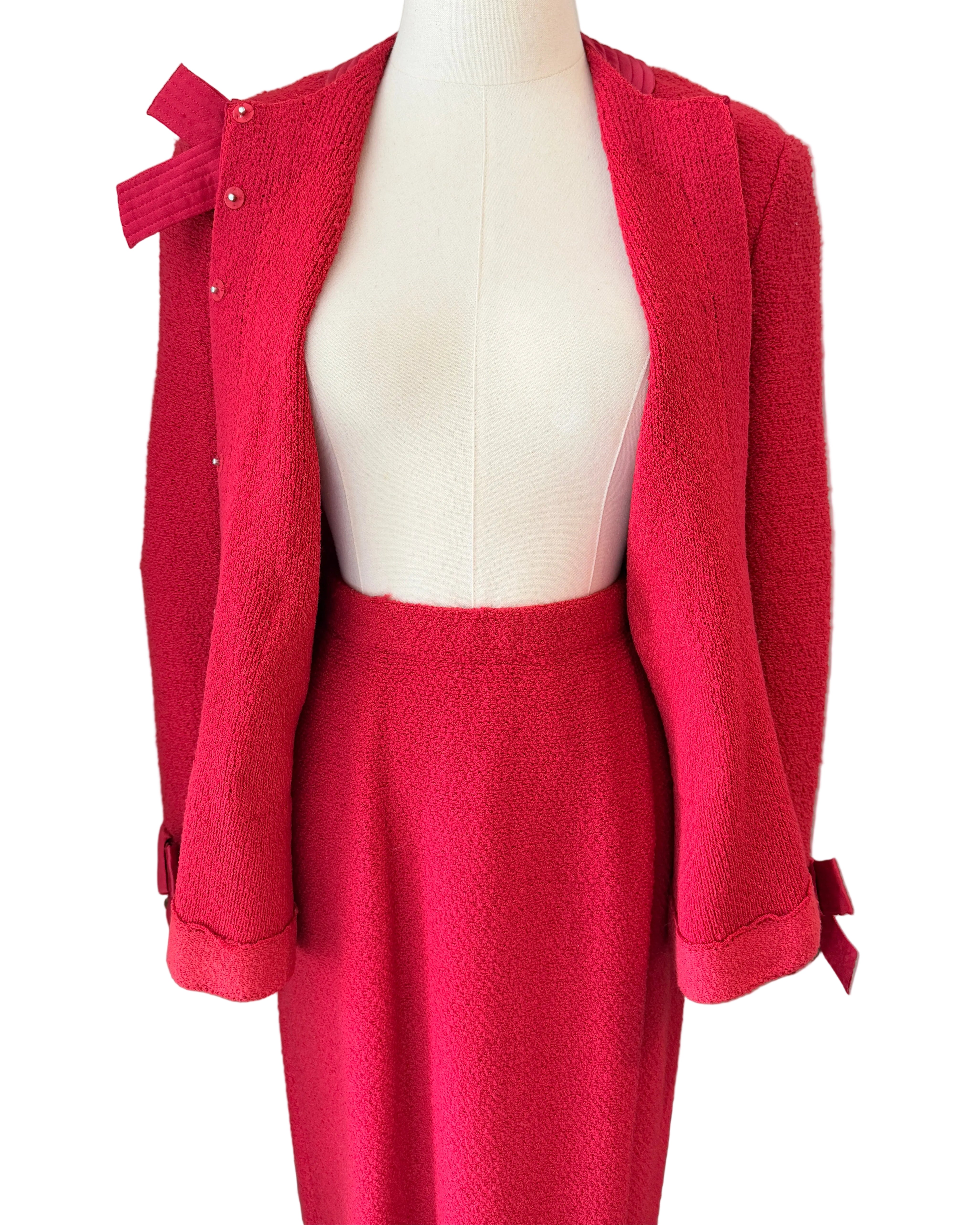 1960s Adolfo Red Knit Skirt Suit with Silk Banded Collar, Bow Cuffs & Gold/Pearl Buttons