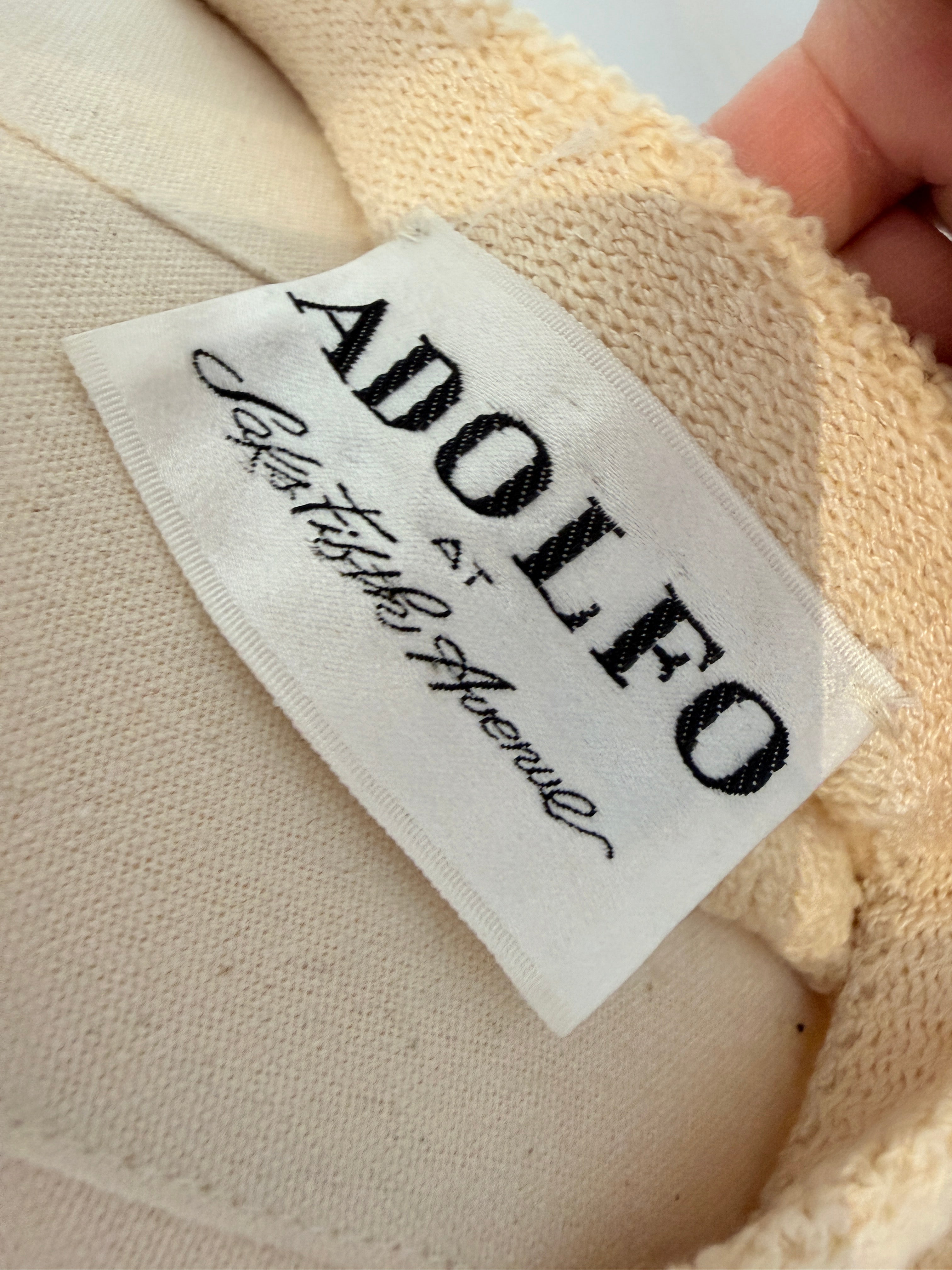 1960s Adolfo Ivory Knit Four-Piece Suit Ensemble with Silk Floral Collar, Brutalist Brass Buttons & Hat