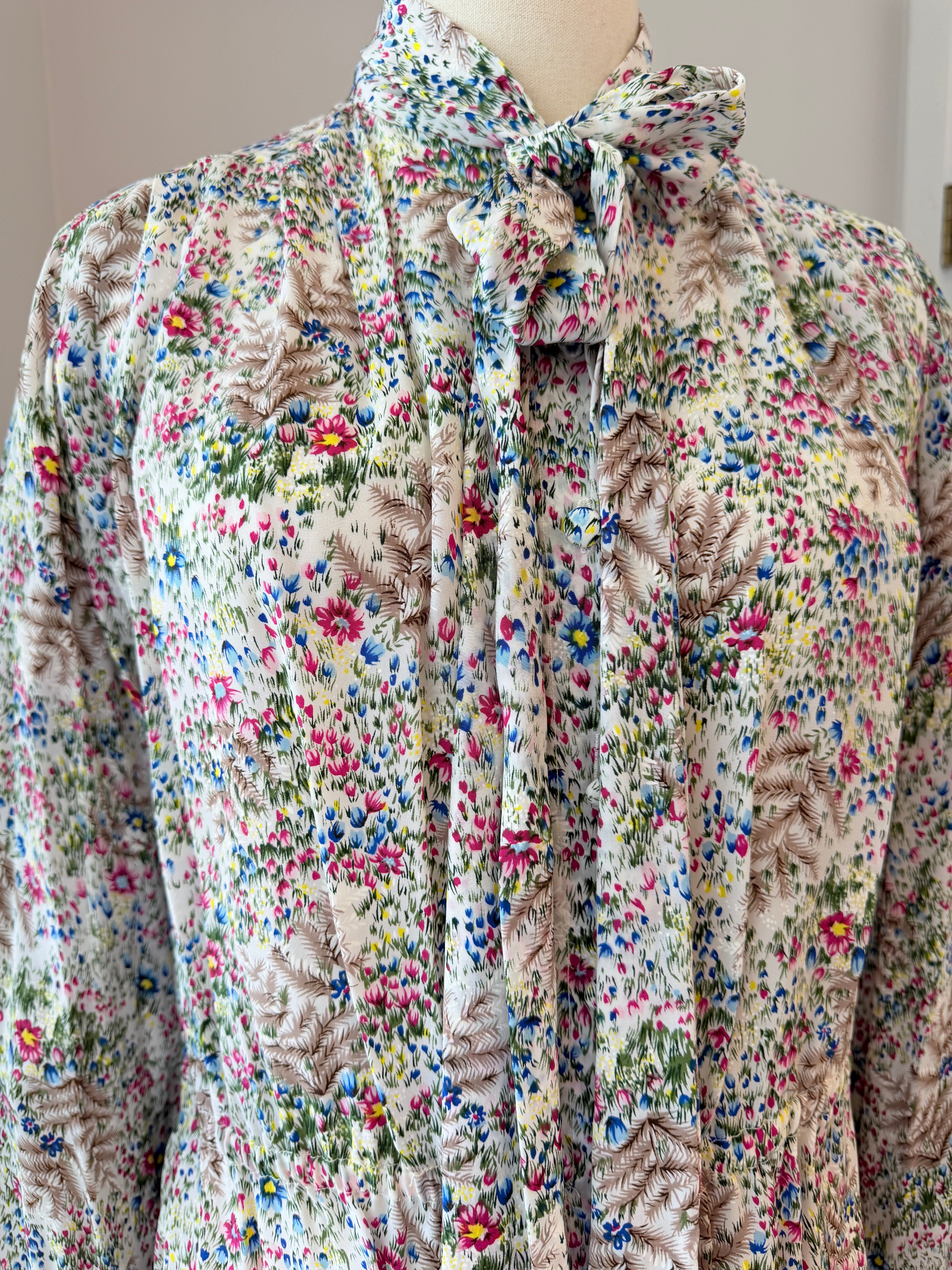 1960s Adolfo Ivory Knit Four-Piece Suit Ensemble with Silk Floral Collar, Brutalist Brass Buttons & Hat