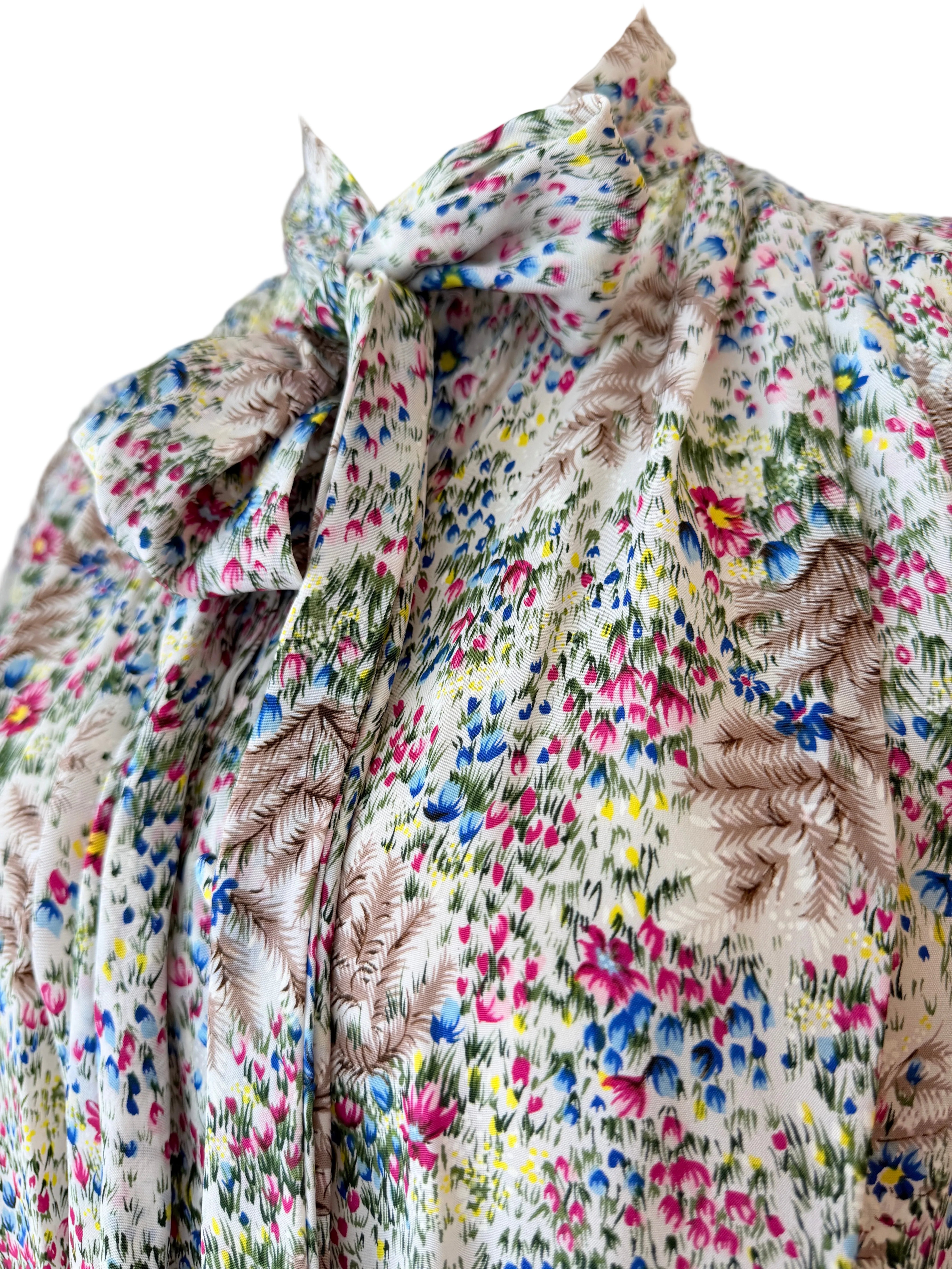 1960s Adolfo Ivory Knit Four-Piece Suit Ensemble with Silk Floral Collar, Brutalist Brass Buttons & Hat