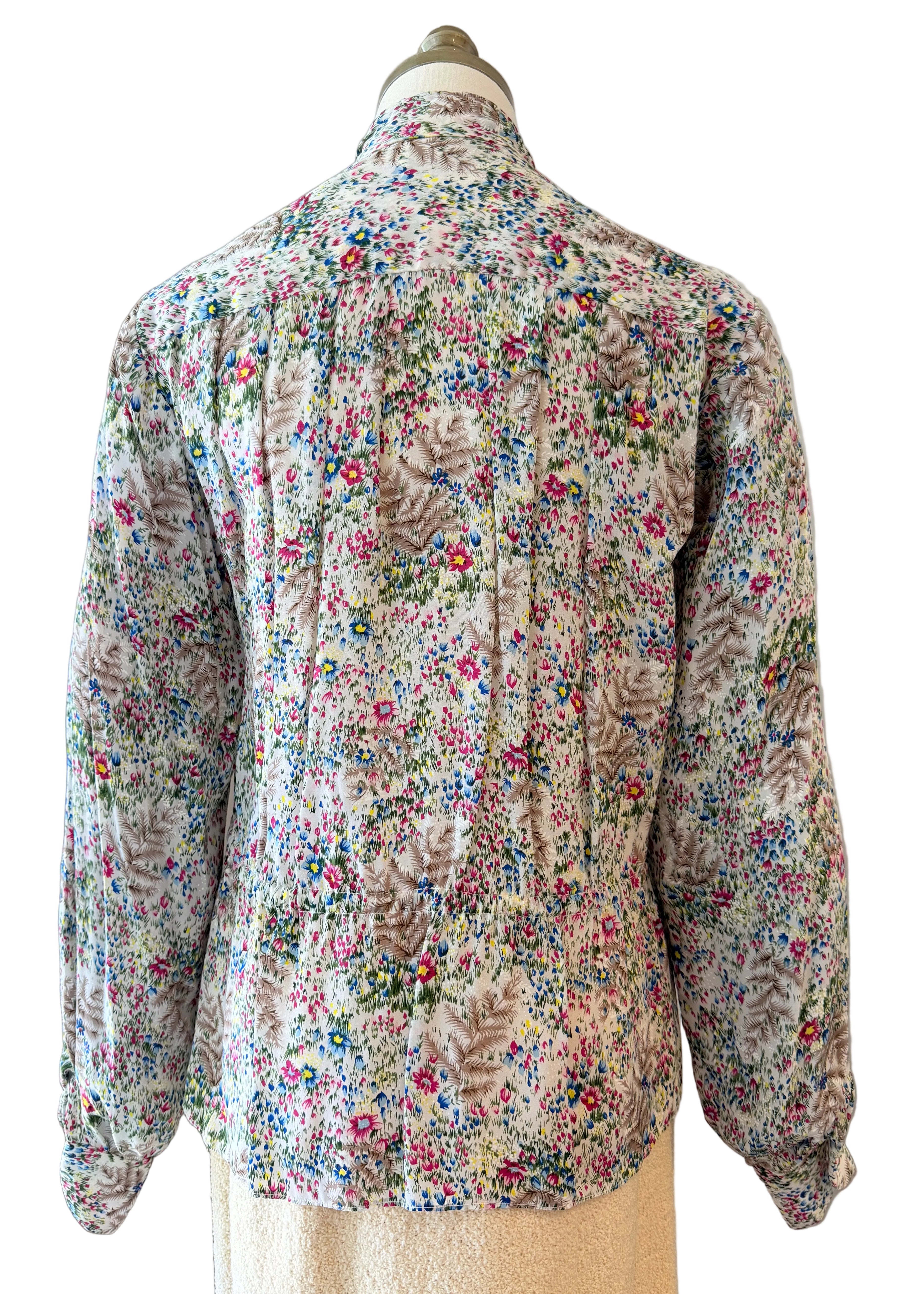 1960s Adolfo Ivory Knit Four-Piece Suit Ensemble with Silk Floral Collar, Brutalist Brass Buttons & Hat