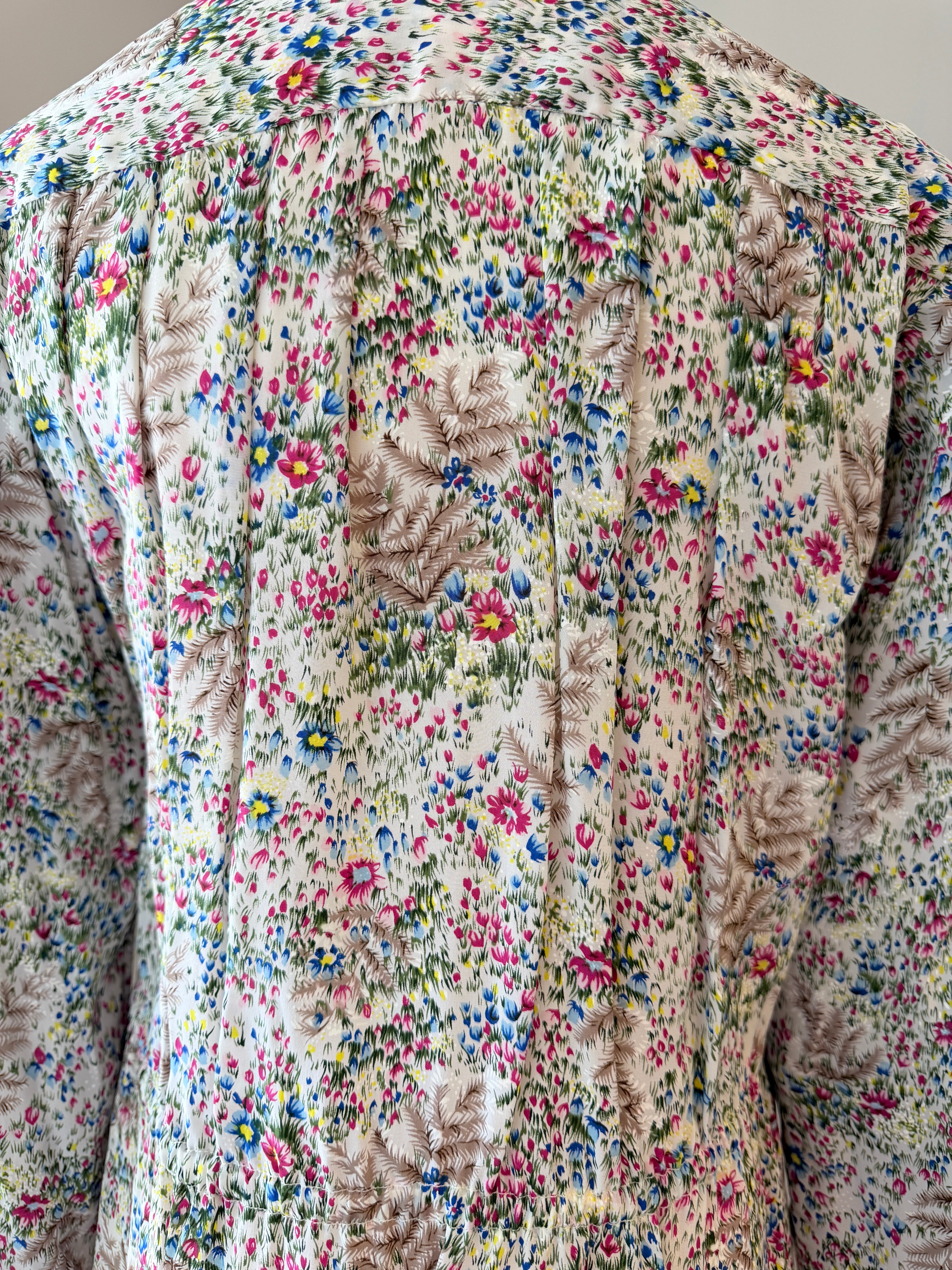 1960s Adolfo Ivory Knit Four-Piece Suit Ensemble with Silk Floral Collar, Brutalist Brass Buttons & Hat