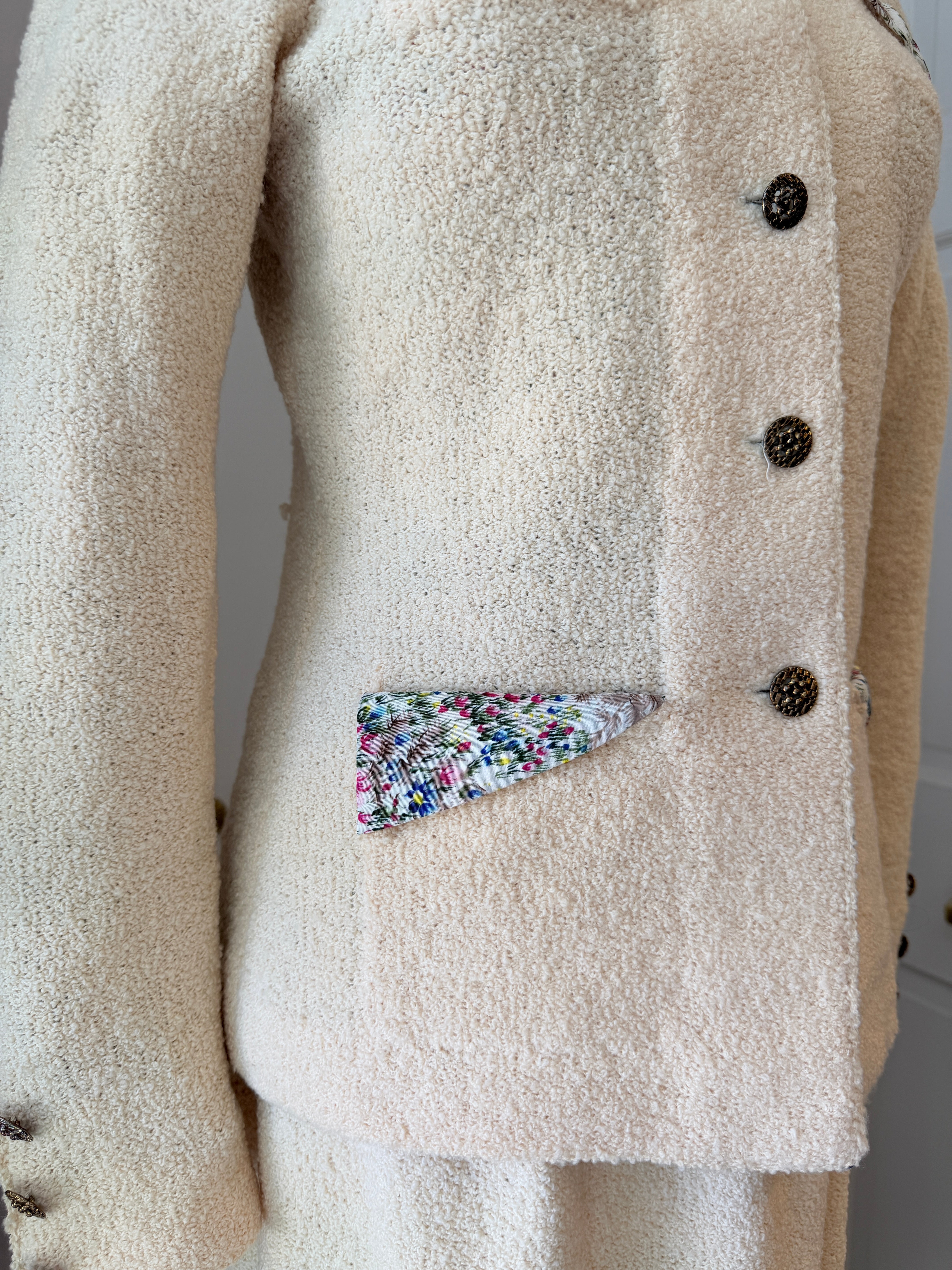 1960s Adolfo Ivory Knit Four-Piece Suit Ensemble with Silk Floral Collar, Brutalist Brass Buttons & Hat