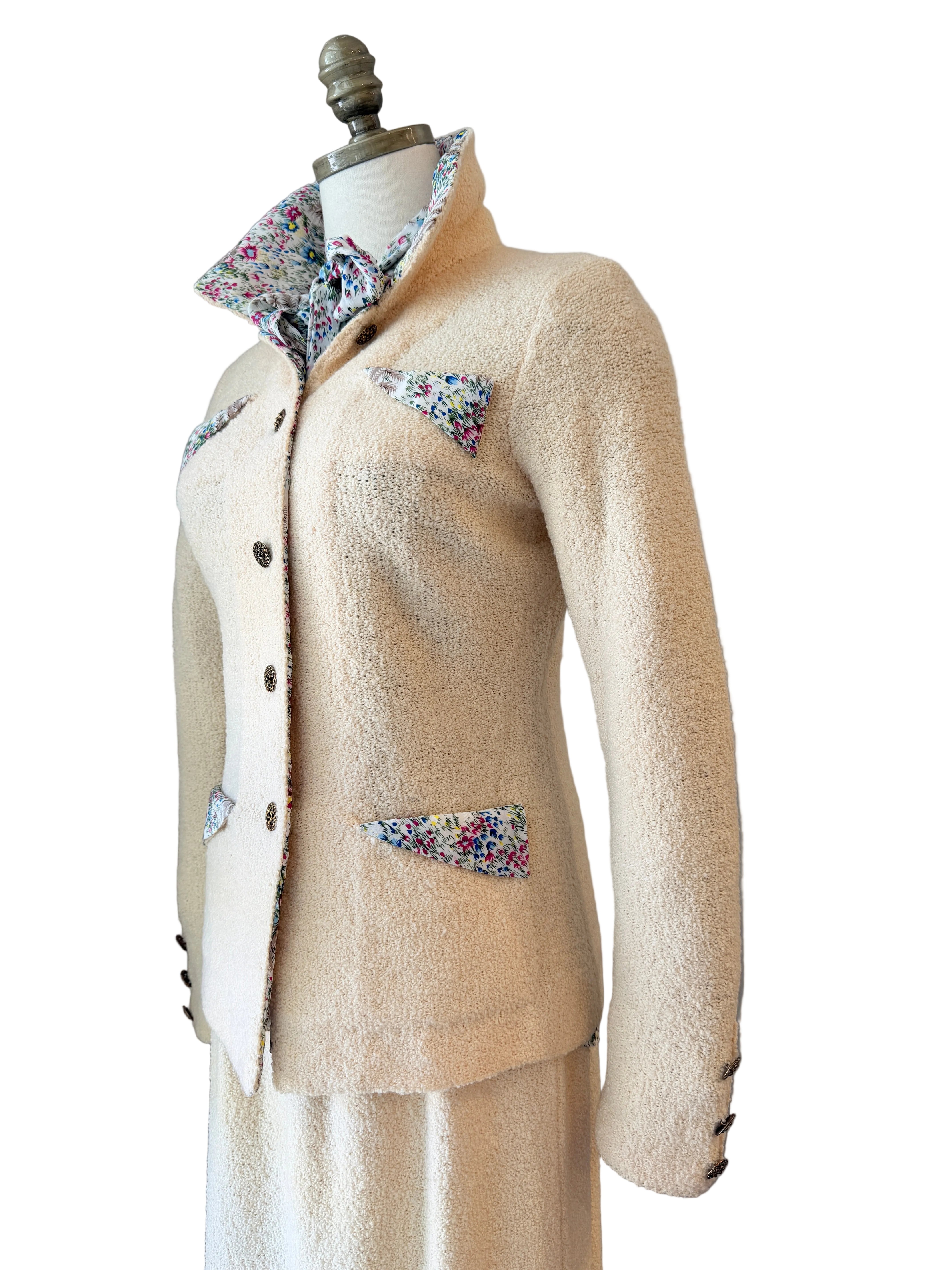 1960s Adolfo Ivory Knit Four-Piece Suit Ensemble with Silk Floral Collar, Brutalist Brass Buttons & Hat