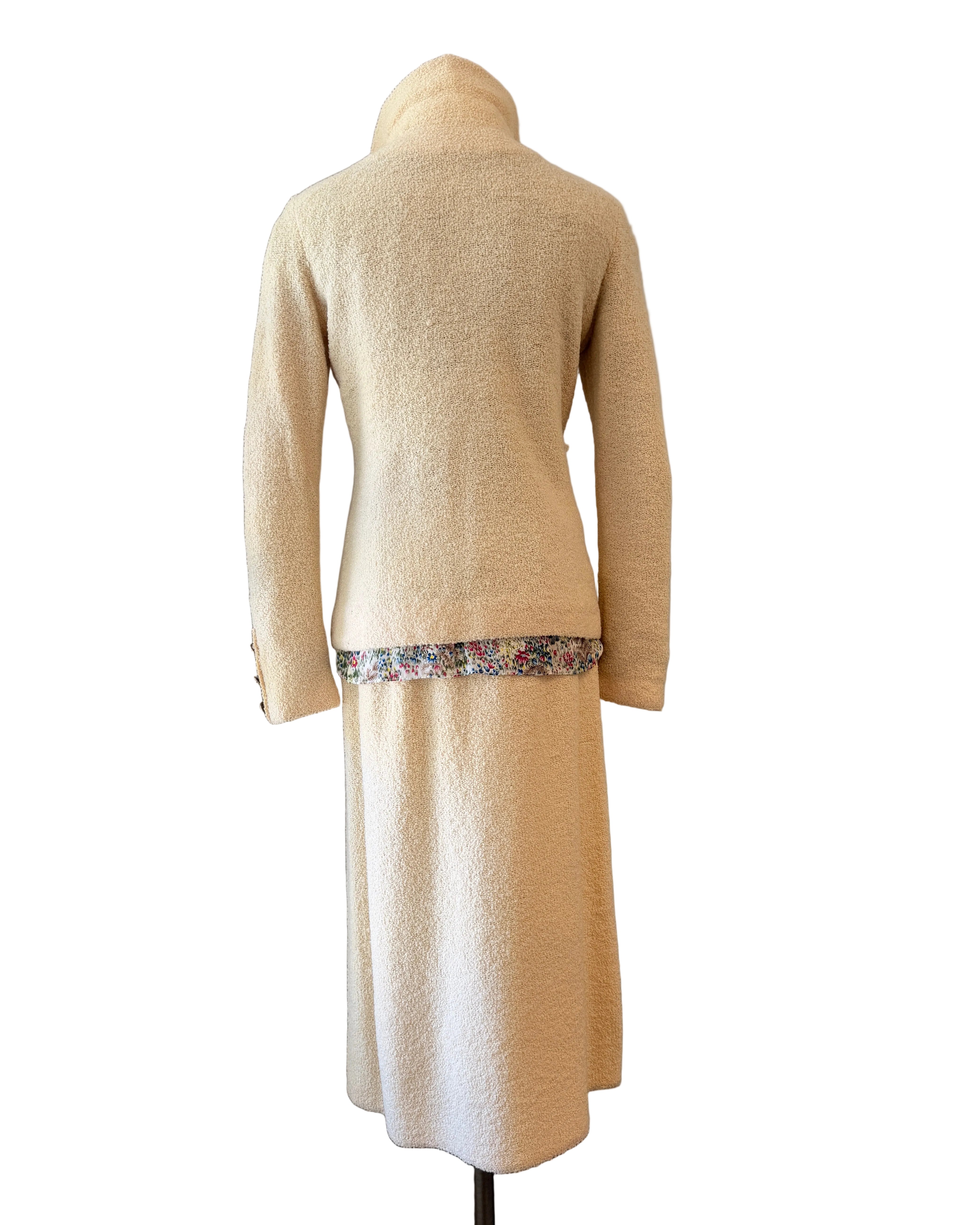 1960s Adolfo Ivory Knit Four-Piece Suit Ensemble with Silk Floral Collar, Brutalist Brass Buttons & Hat