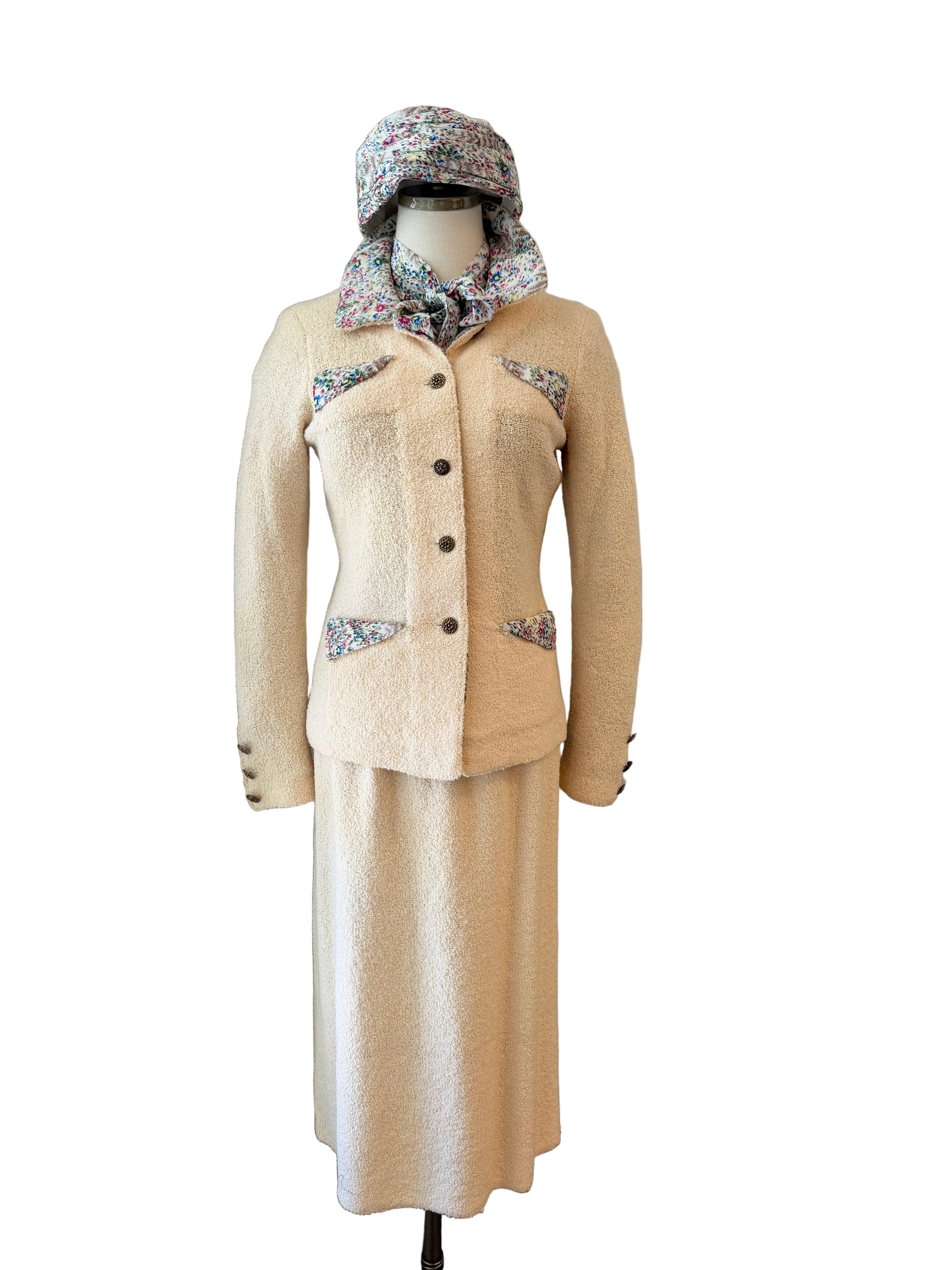 1960s Adolfo Ivory Knit Four-Piece Suit Ensemble with Silk Floral Collar, Brutalist Brass Buttons & Hat