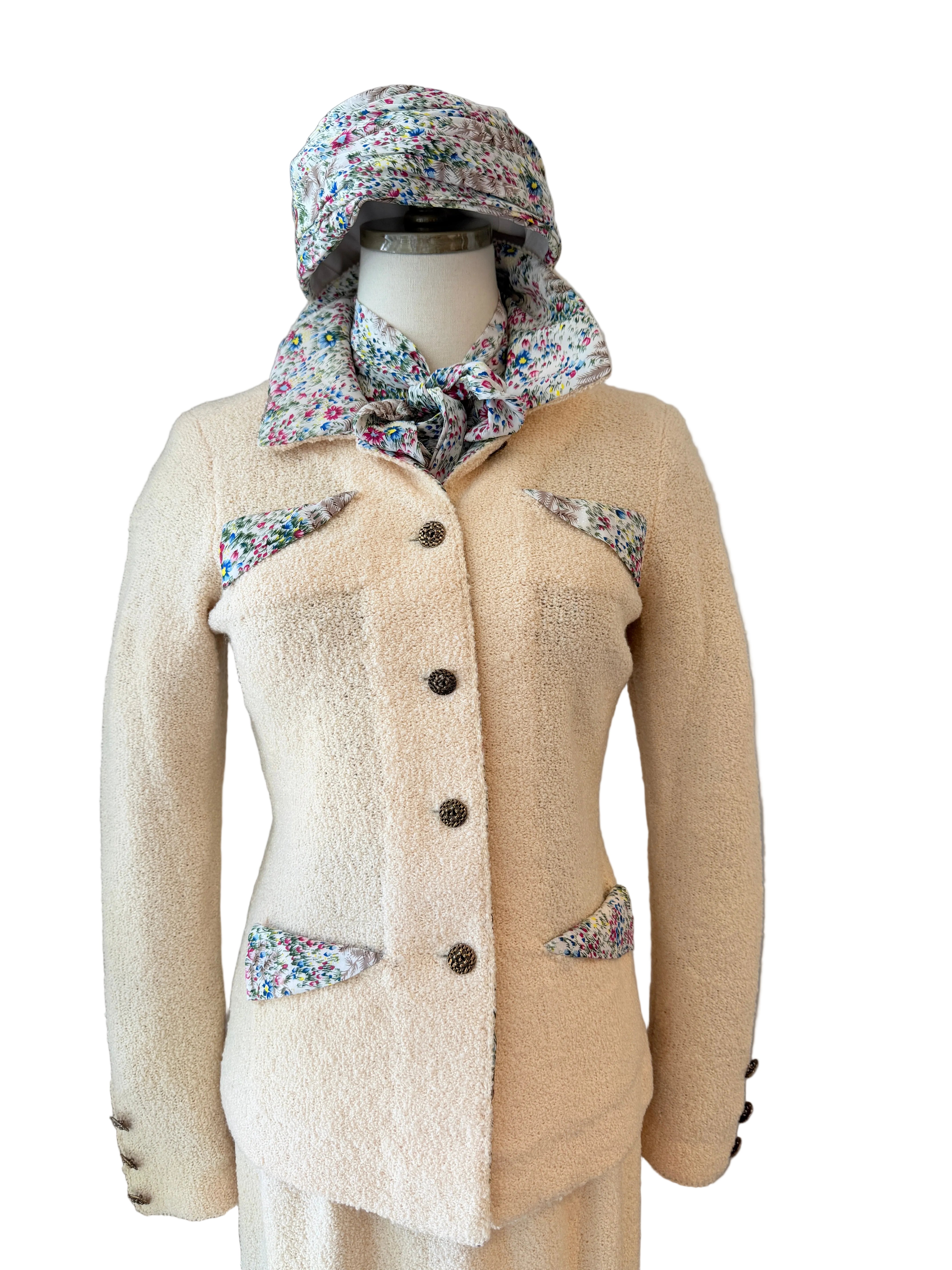 1960s Adolfo Ivory Knit Four-Piece Suit Ensemble with Silk Floral Collar, Brutalist Brass Buttons & Hat