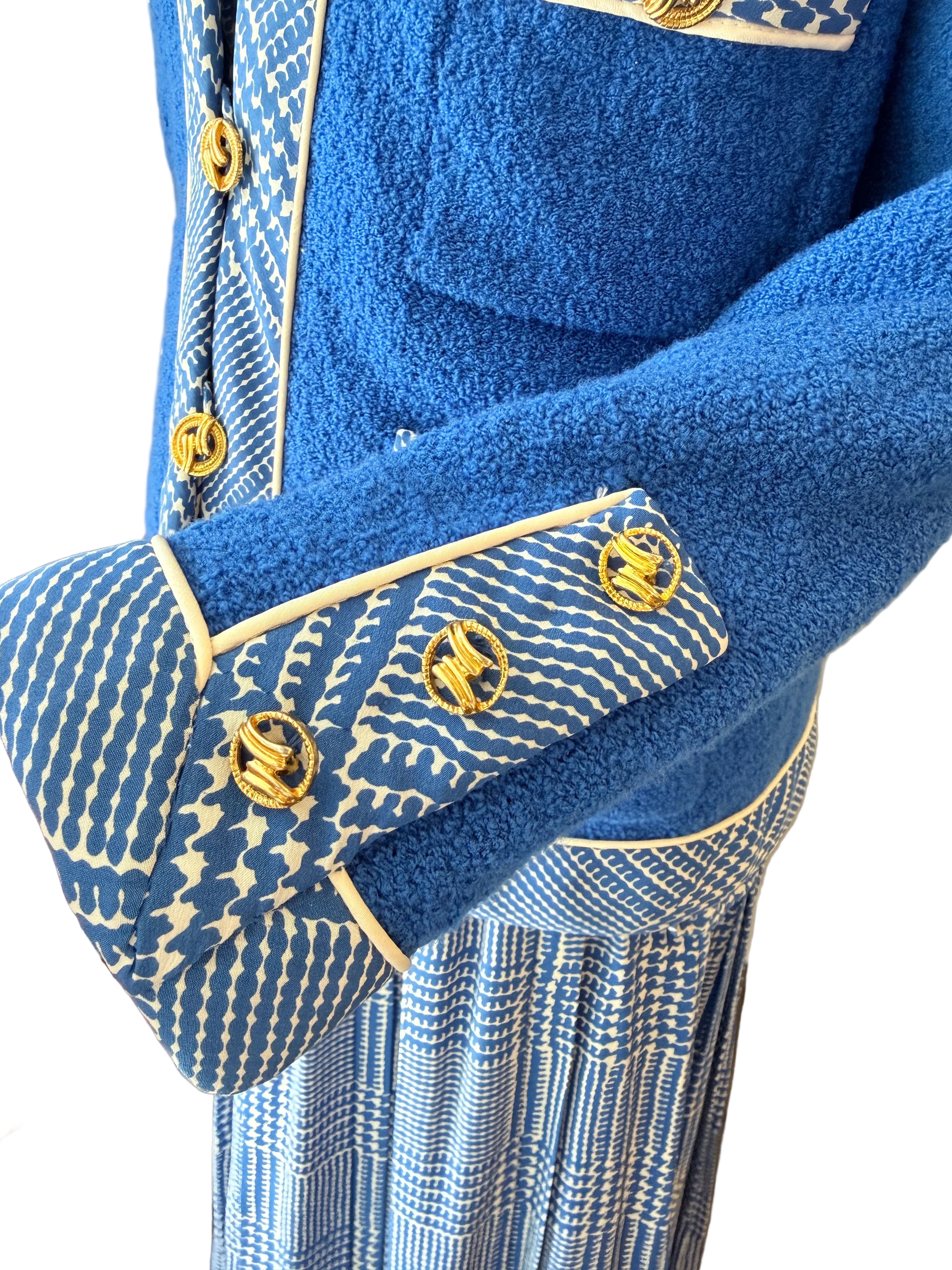 1960s Adolfo Royal Blue Three-Piece Skirt Suit with Silk Herringbone Details