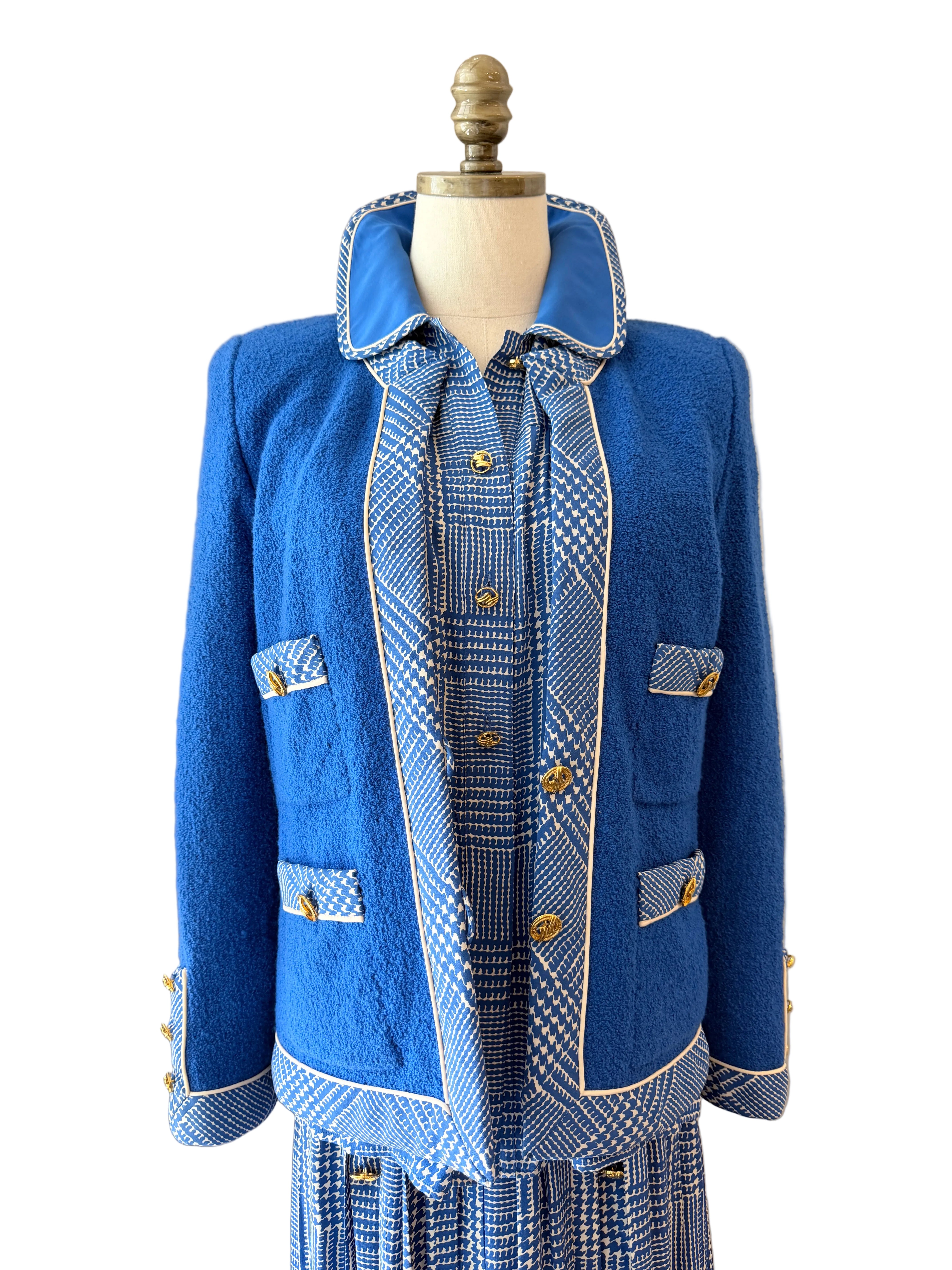 1960s Adolfo Royal Blue Three-Piece Skirt Suit with Silk Herringbone Details
