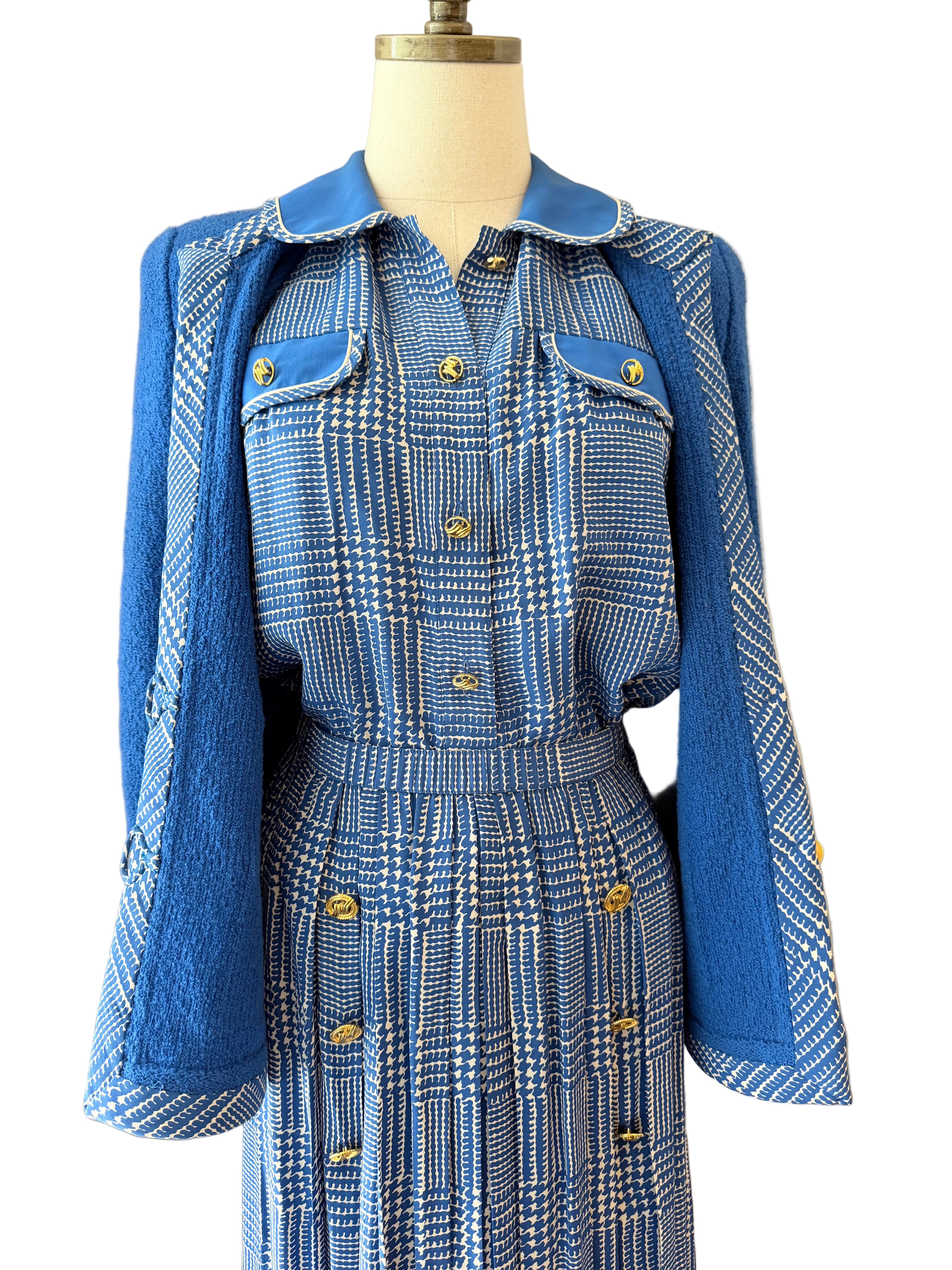 1960s Adolfo Royal Blue Three-Piece Skirt Suit with Silk Herringbone Details