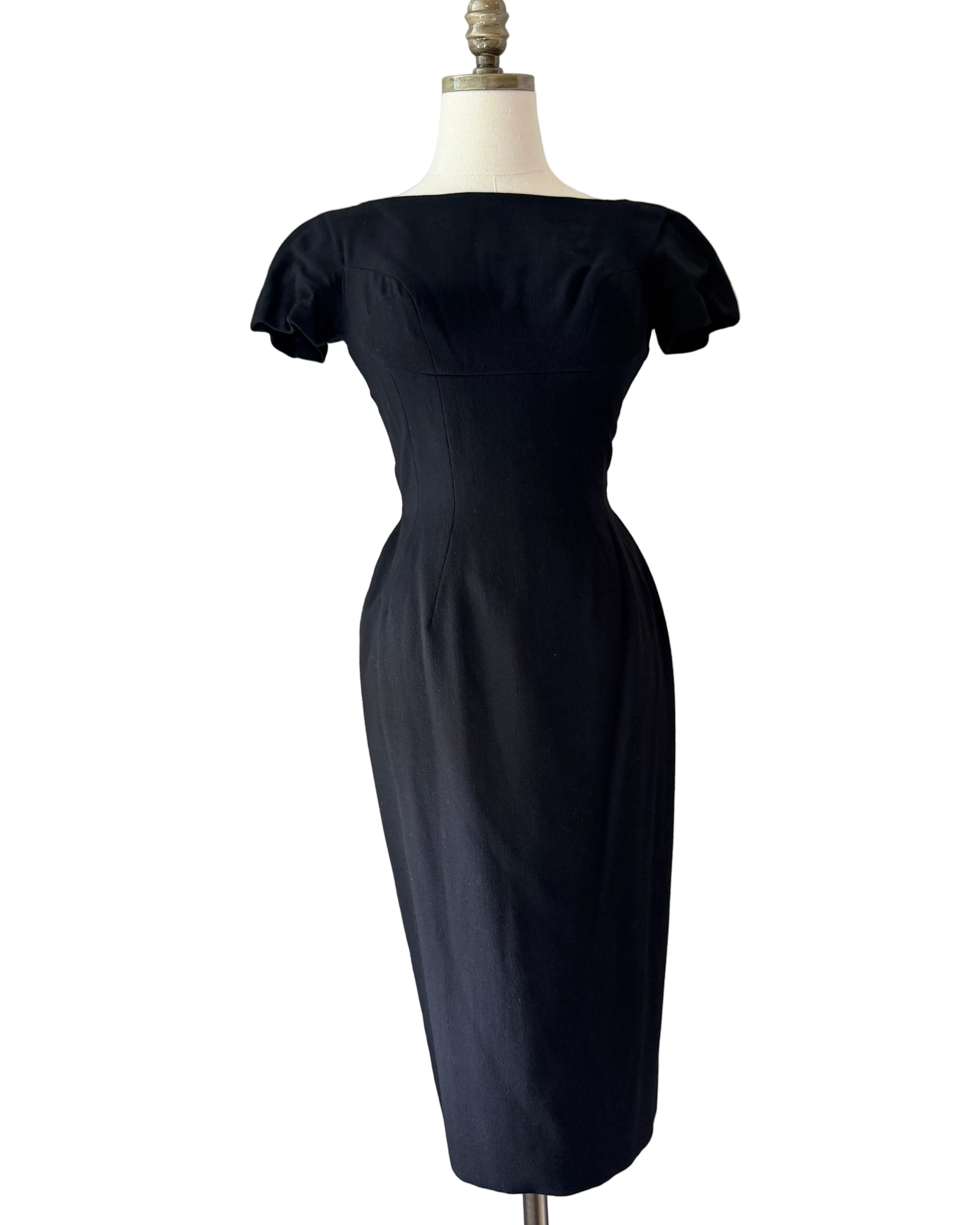 Mam'selle Black Sheath Dress with Capelet & Black Fox Fur Trim
