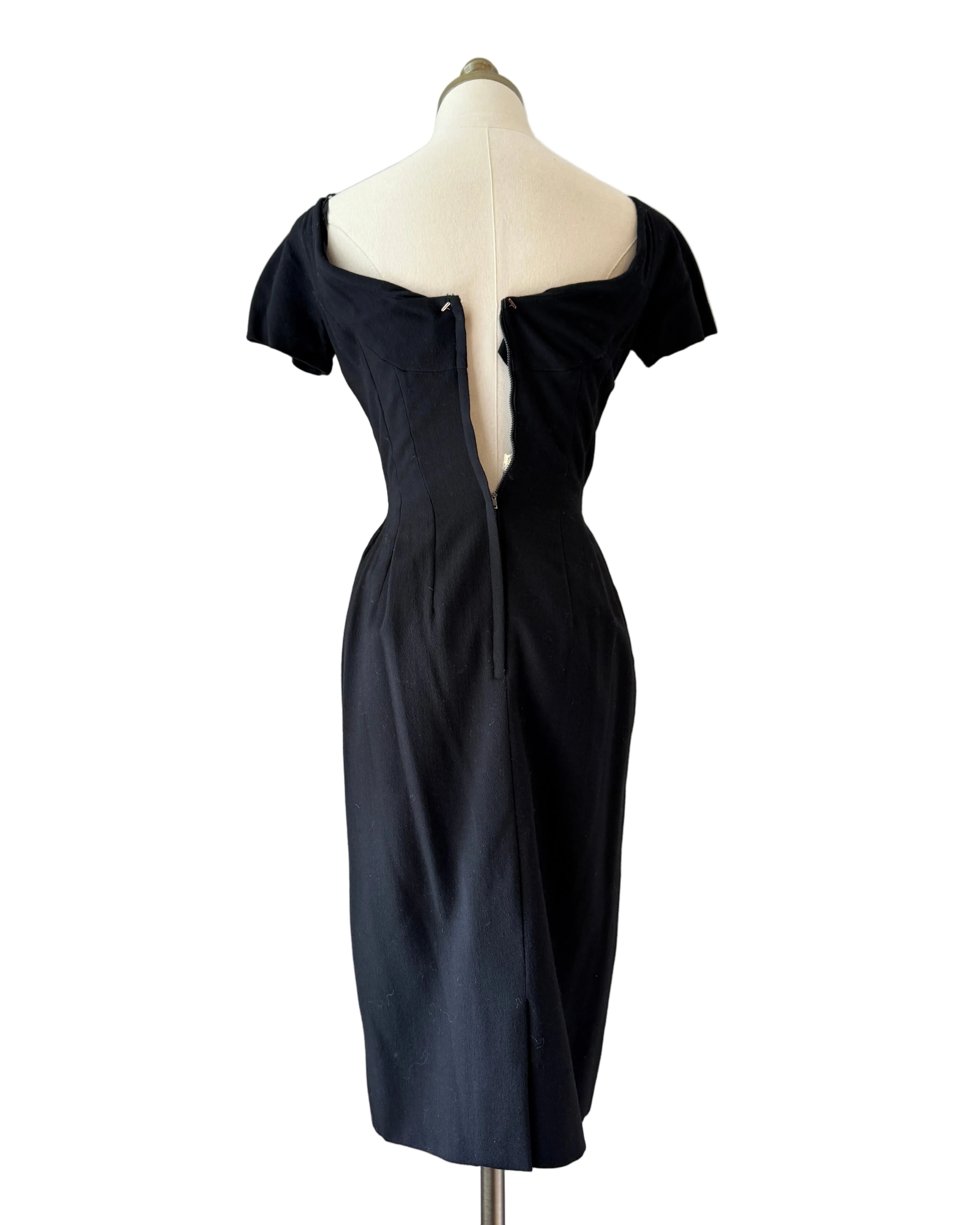 Mam'selle Black Sheath Dress with Capelet & Black Fox Fur Trim