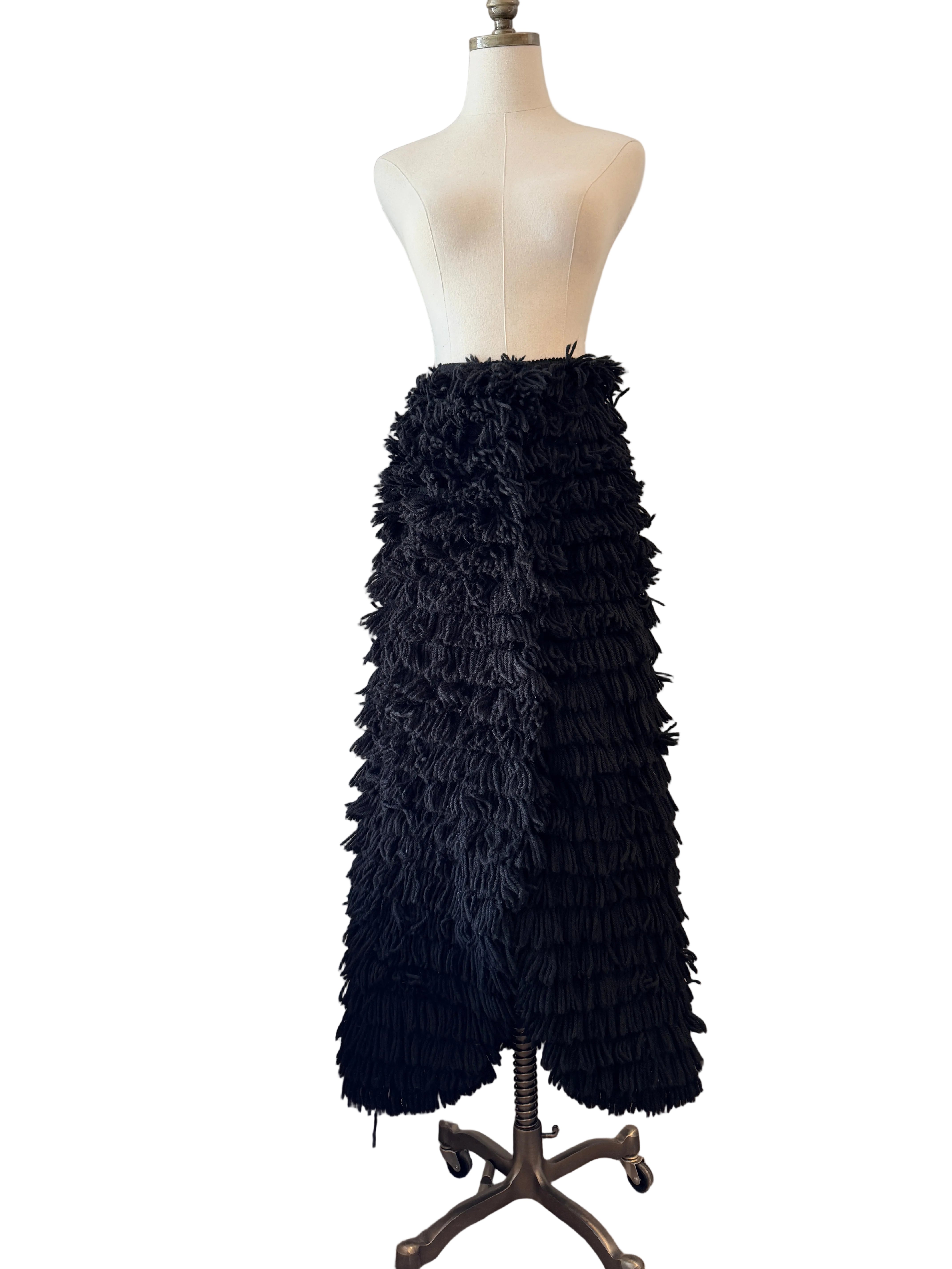 1960s Rare Black Yarn Fringe Snap-Front Skirt with Cotton Lining