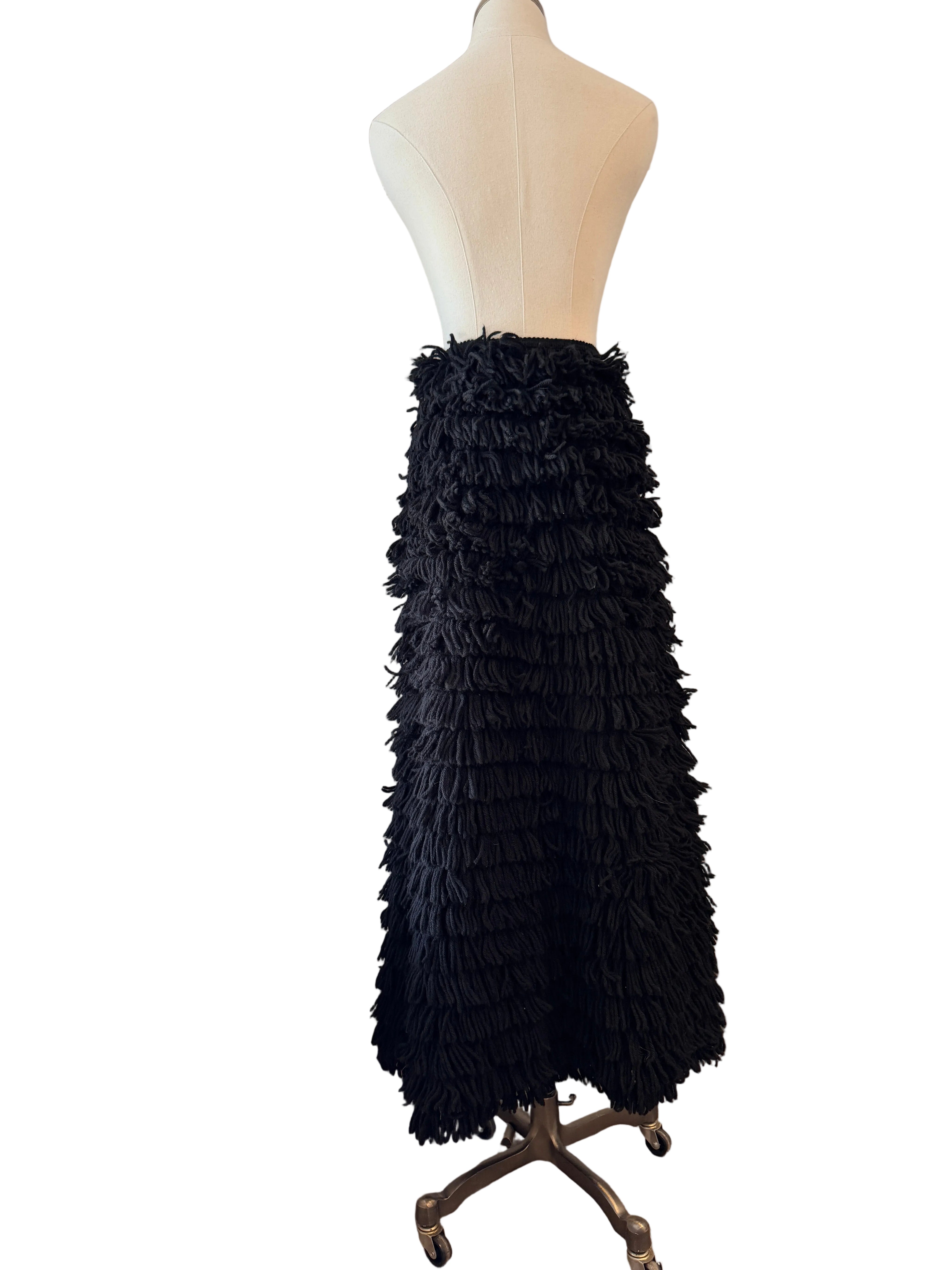 1960s Rare Black Yarn Fringe Snap-Front Skirt with Cotton Lining