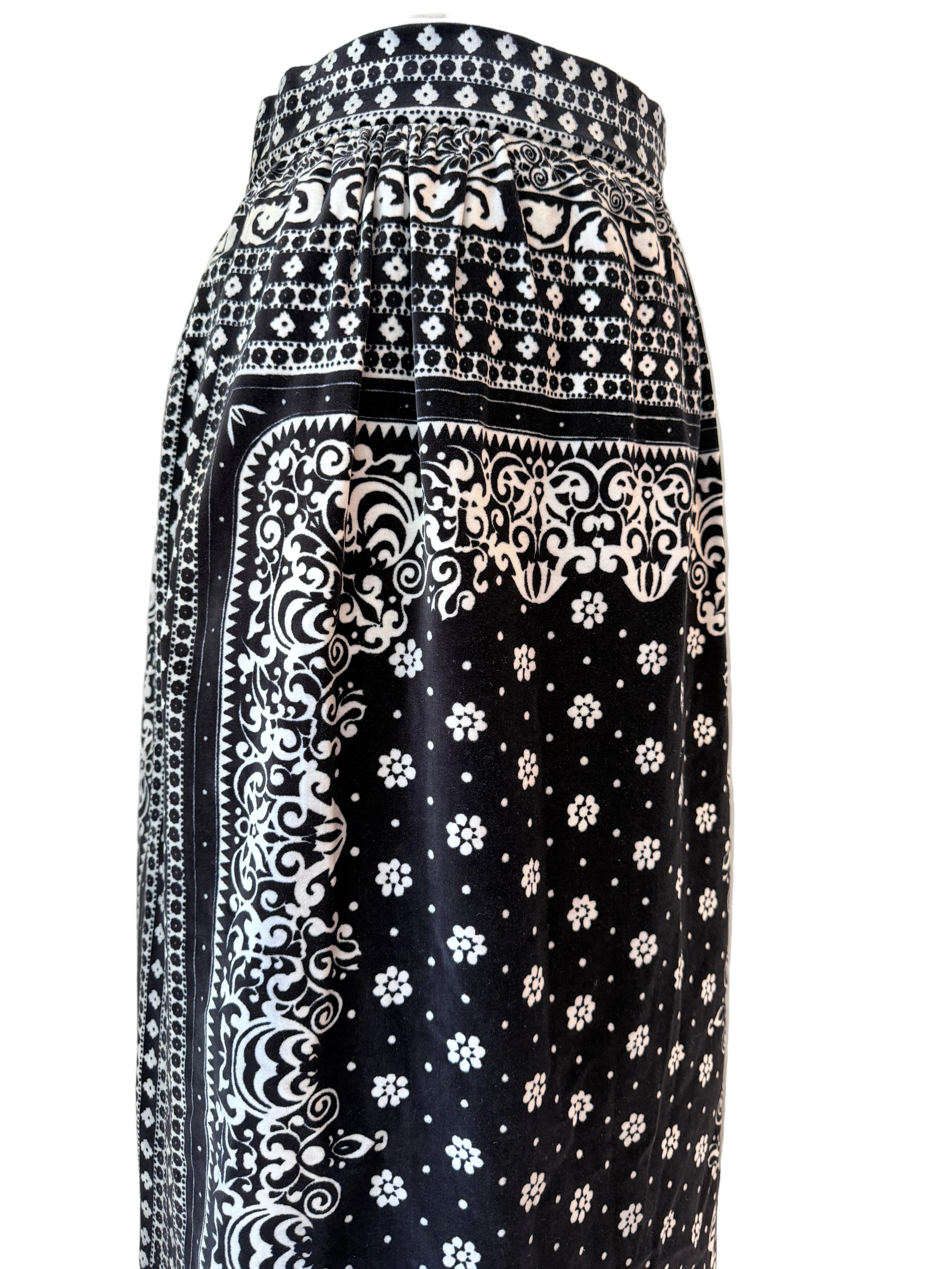 1970s Mr. Dino for Bonwit Teller Black Velvet Maxi Skirt with White Bandana Print