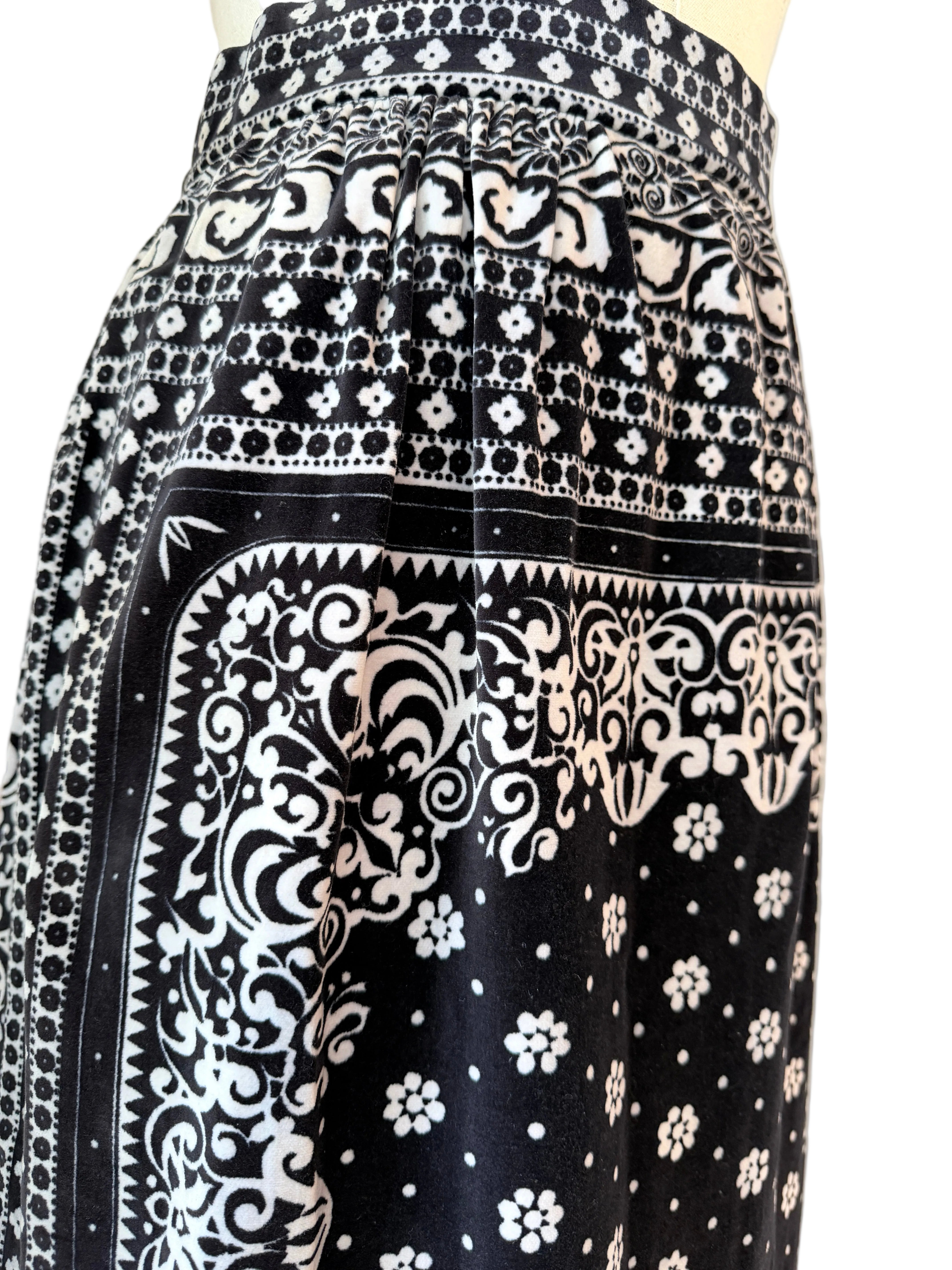 1970s Mr. Dino for Bonwit Teller Black Velvet Maxi Skirt with White Bandana Print