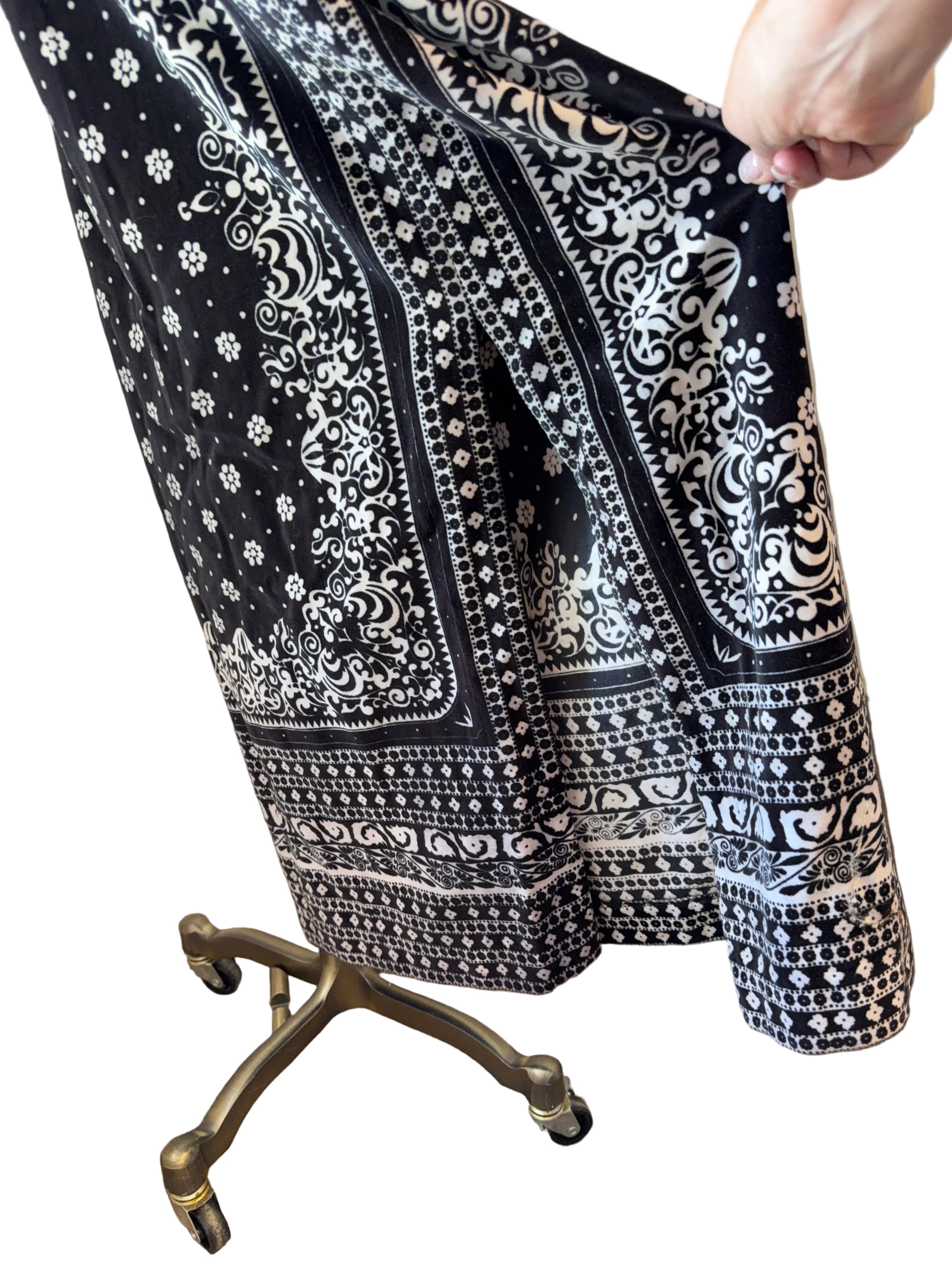 1970s Mr. Dino for Bonwit Teller Black Velvet Maxi Skirt with White Bandana Print