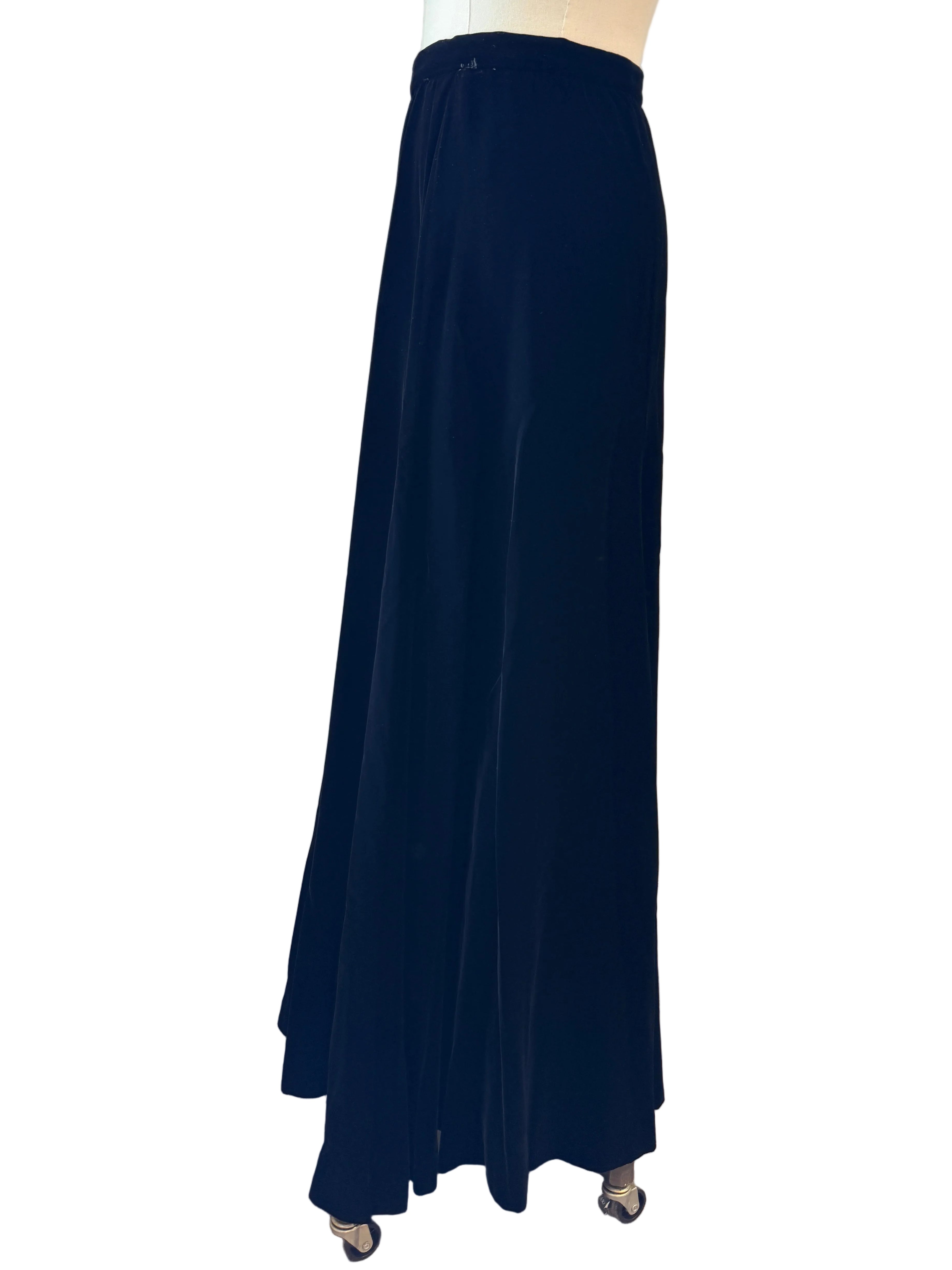 1950s Black Velvet Maxi Godet Skirt