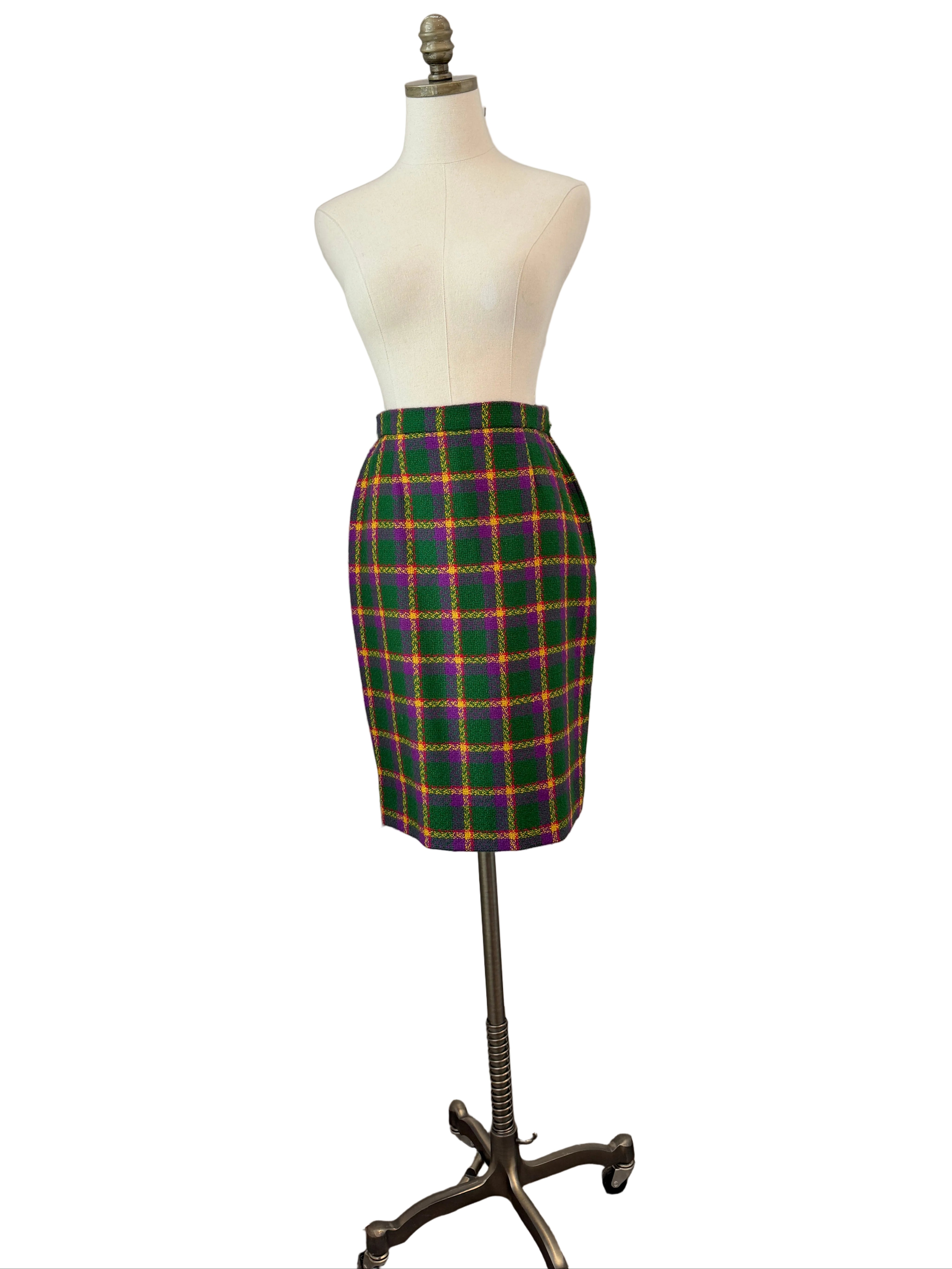 1980s Valentino Boutique Purple & Green Wool Plaid Two-Piece Skirt Suit