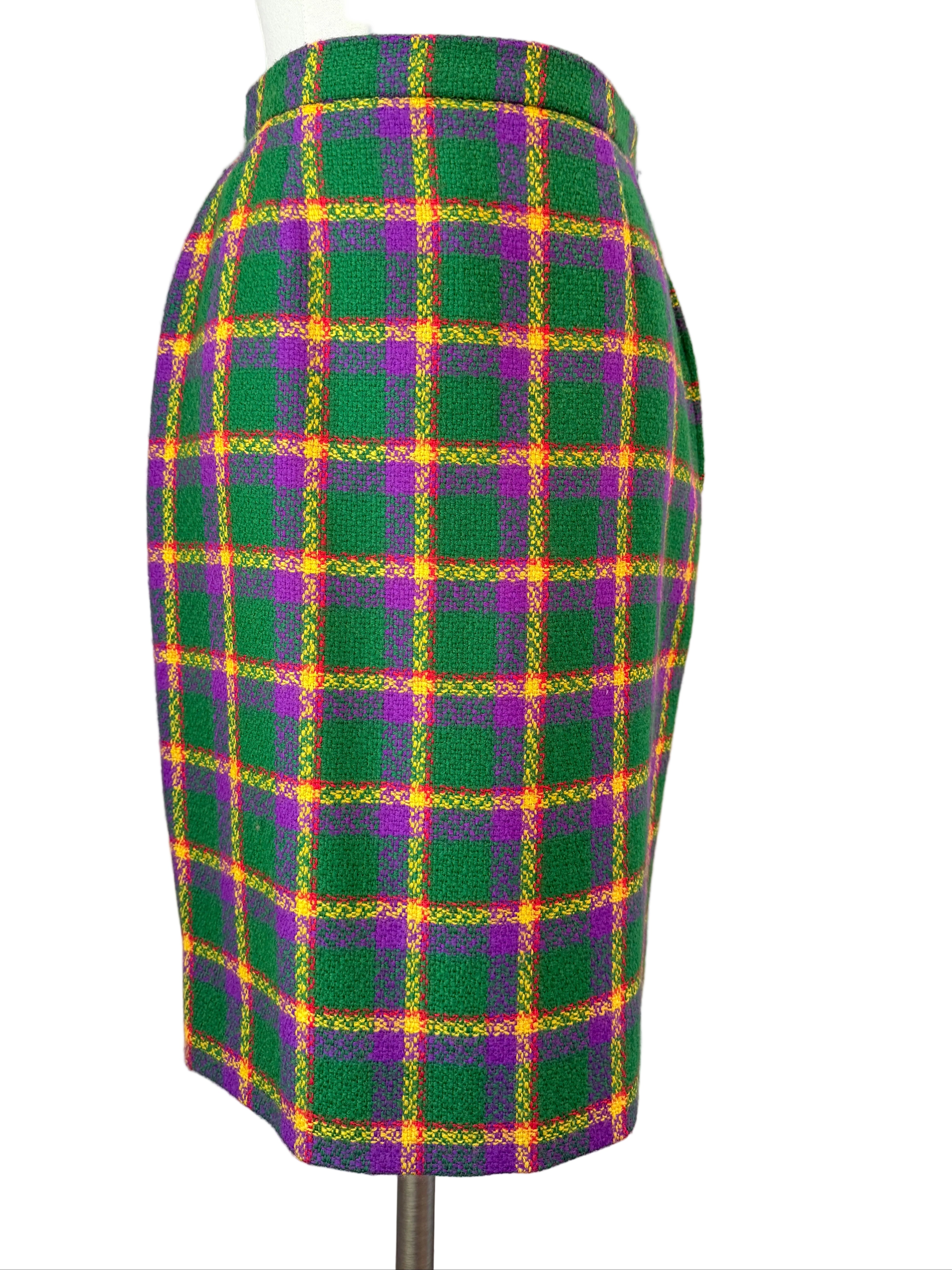 1980s Valentino Boutique Purple & Green Wool Plaid Two-Piece Skirt Suit