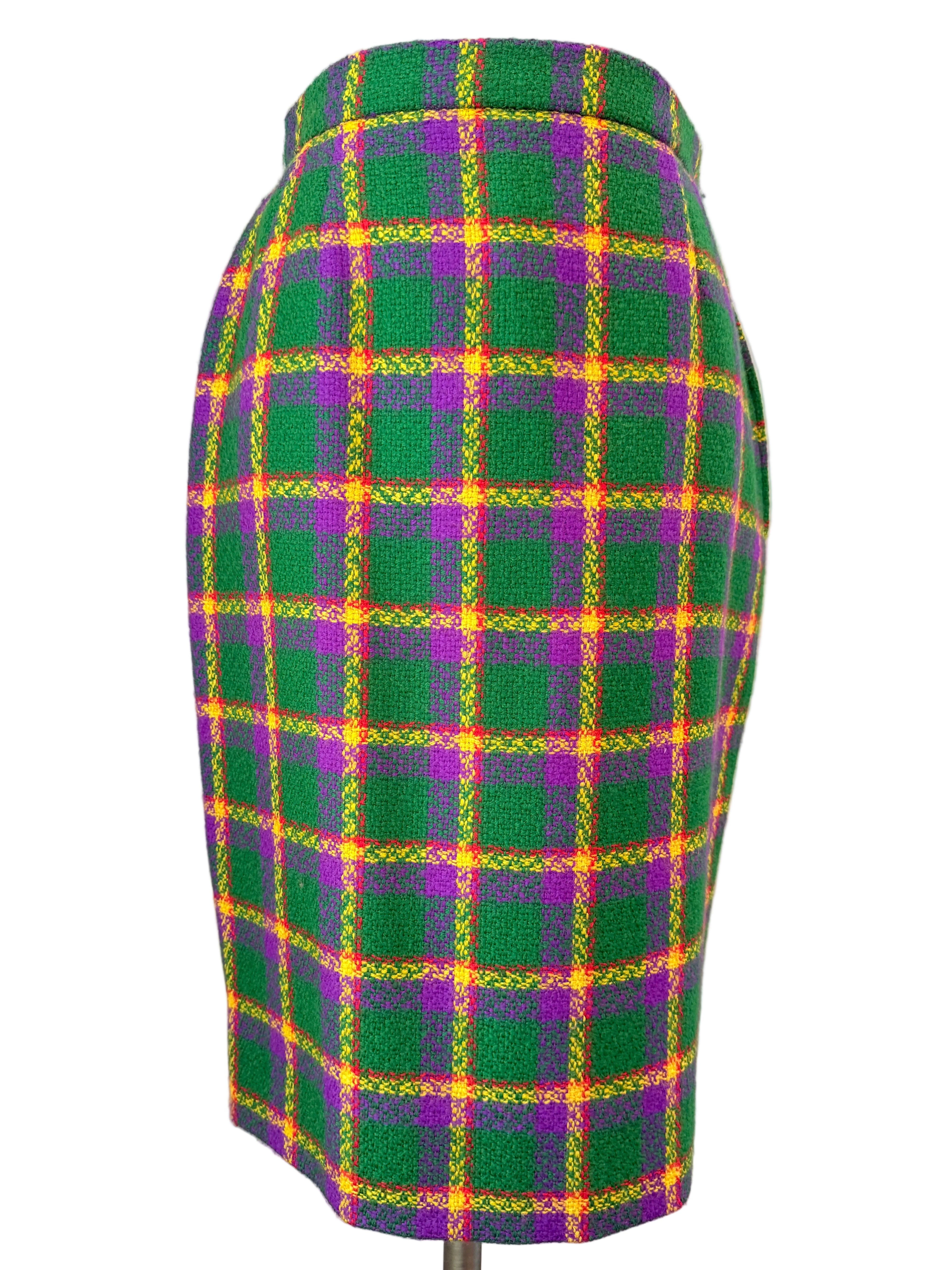 1980s Valentino Boutique Purple & Green Wool Plaid Two-Piece Skirt Suit