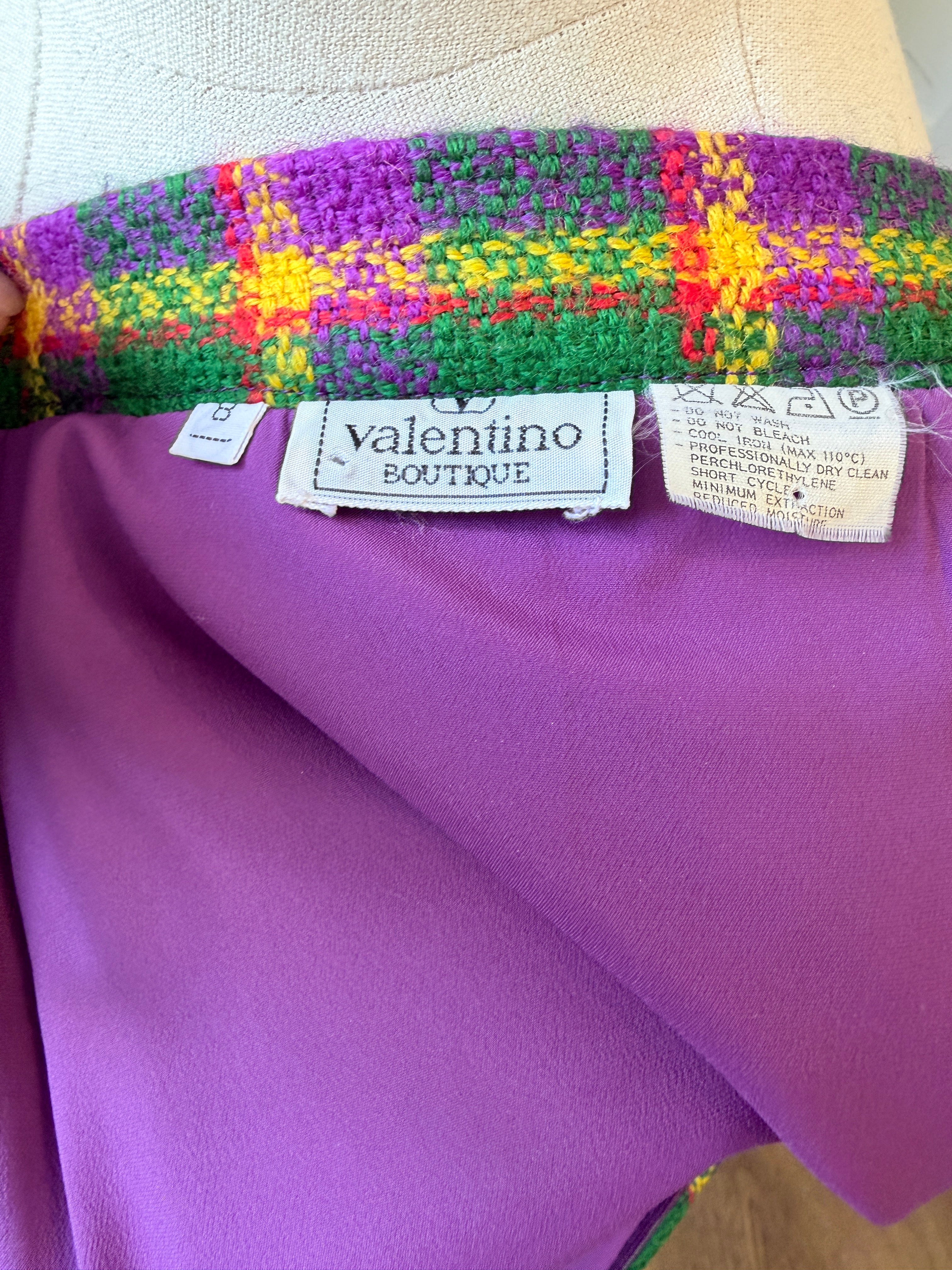 1980s Valentino Boutique Purple & Green Wool Plaid Two-Piece Skirt Suit