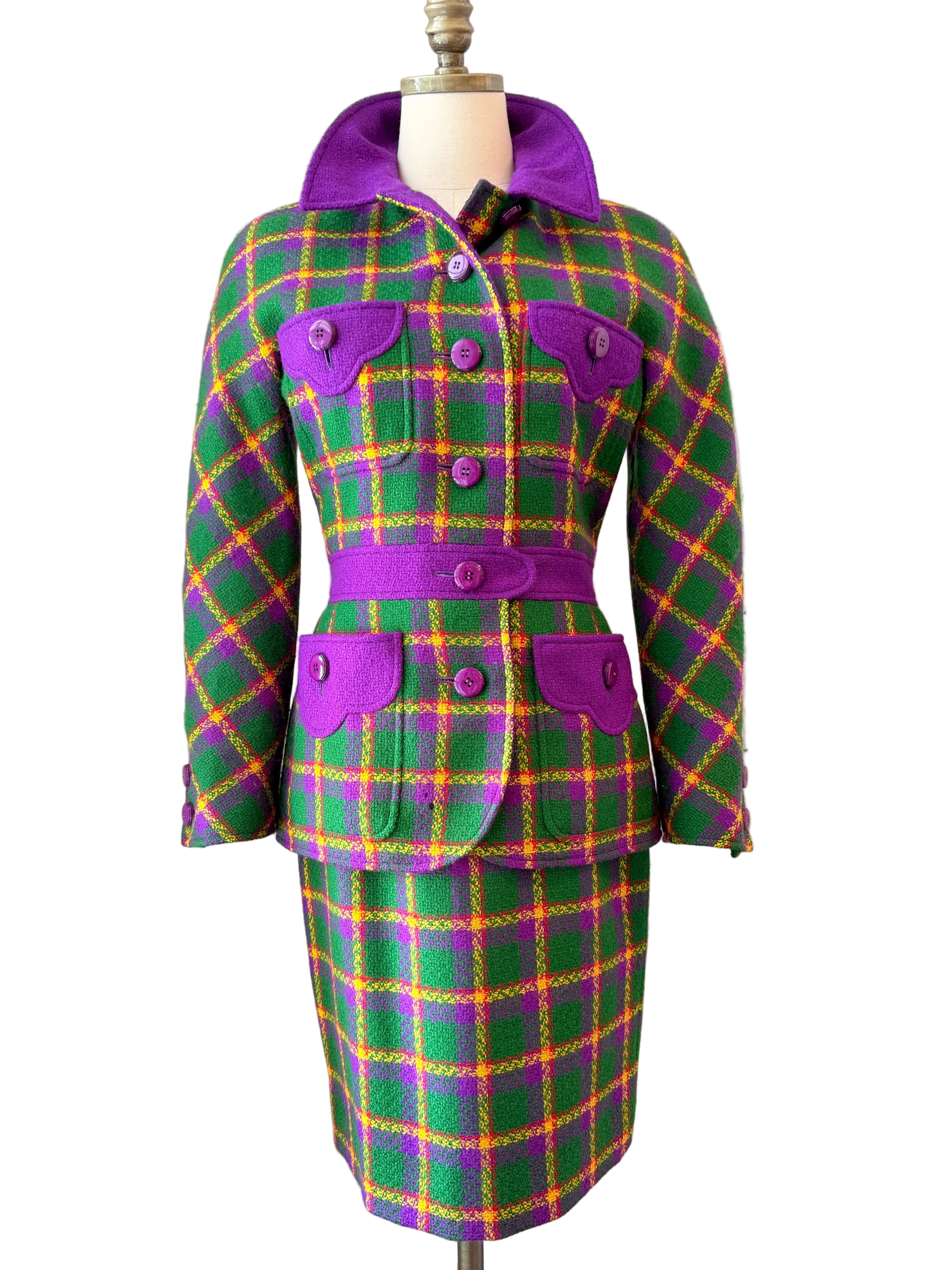 1980s Valentino Boutique Purple & Green Wool Plaid Two-Piece Skirt Suit