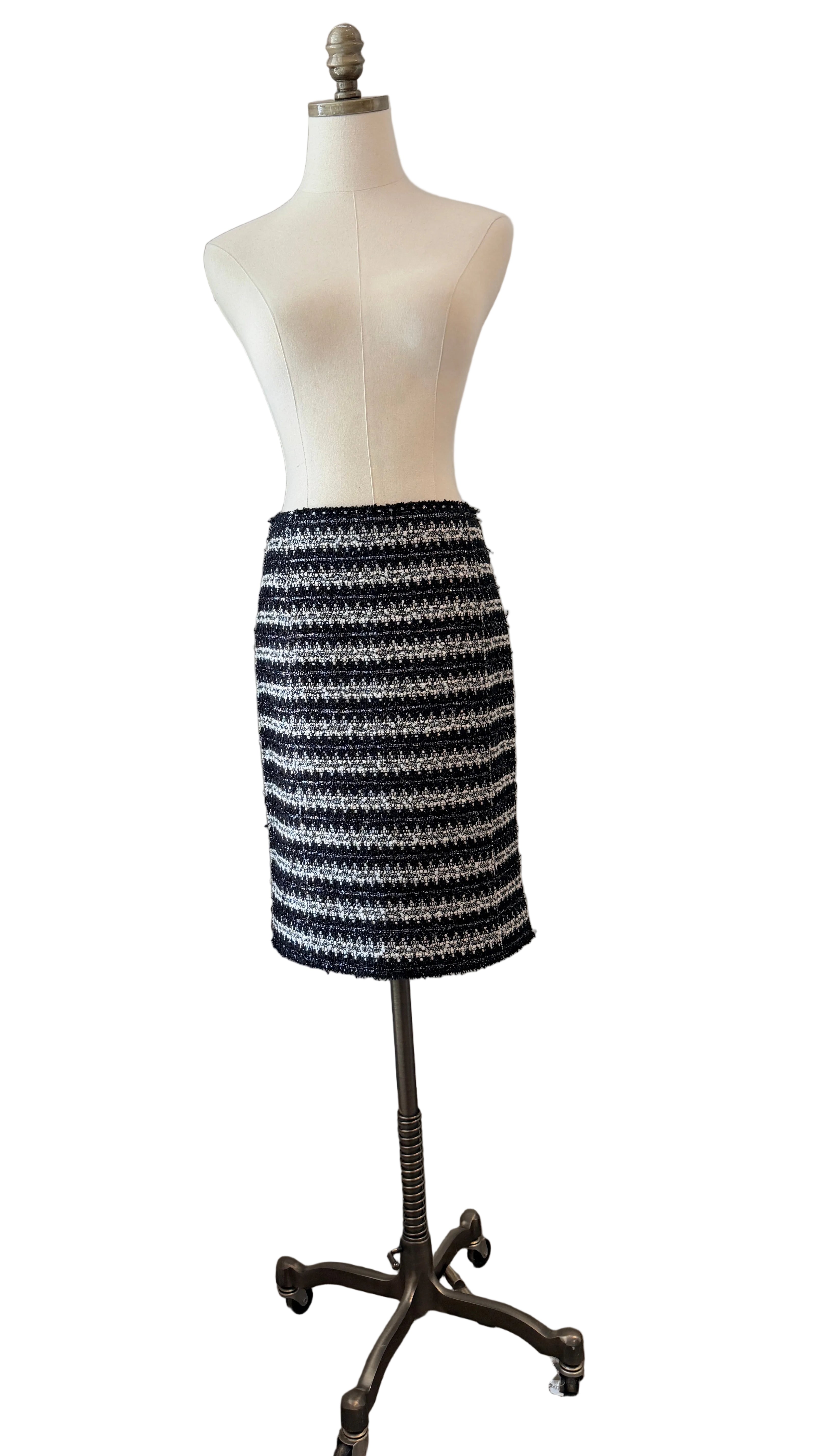 1990s Marc Jacobs Black & White Metallic Two-Piece Skirt Set with Cropped Open-Work Blazer & Pearl Details