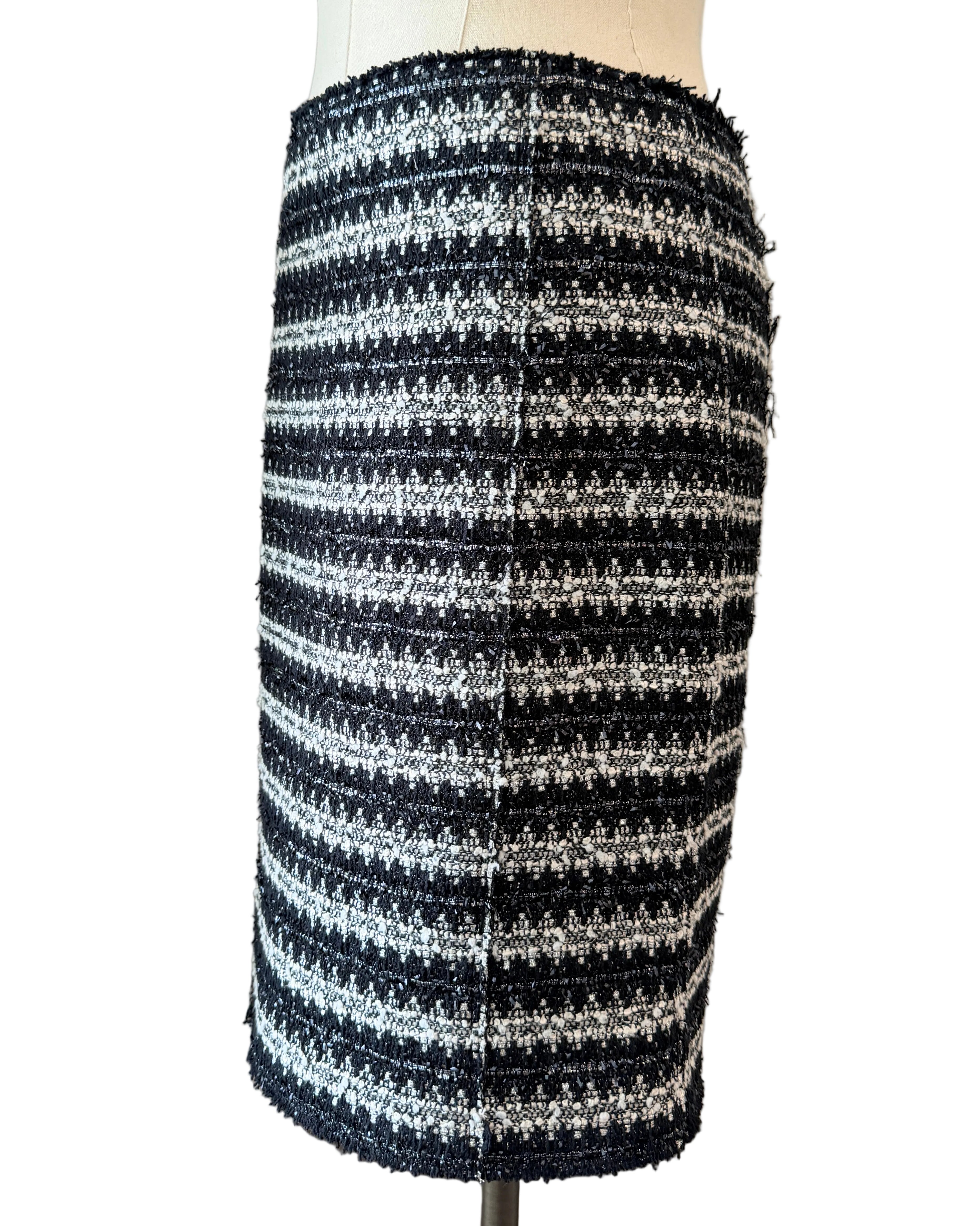 1990s Marc Jacobs Black & White Metallic Two-Piece Skirt Set with Cropped Open-Work Blazer & Pearl Details