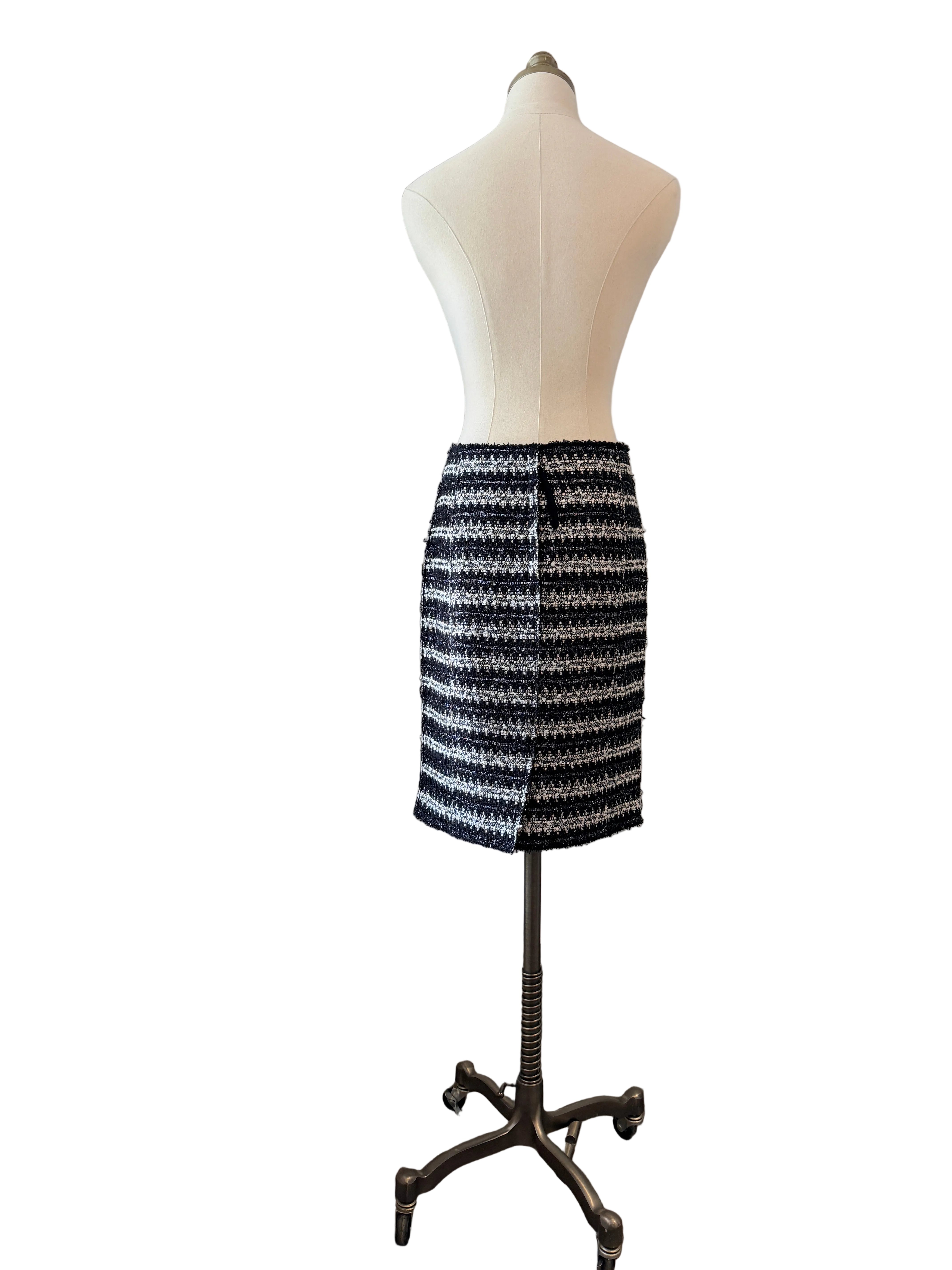 1990s Marc Jacobs Black & White Metallic Two-Piece Skirt Set with Cropped Open-Work Blazer & Pearl Details