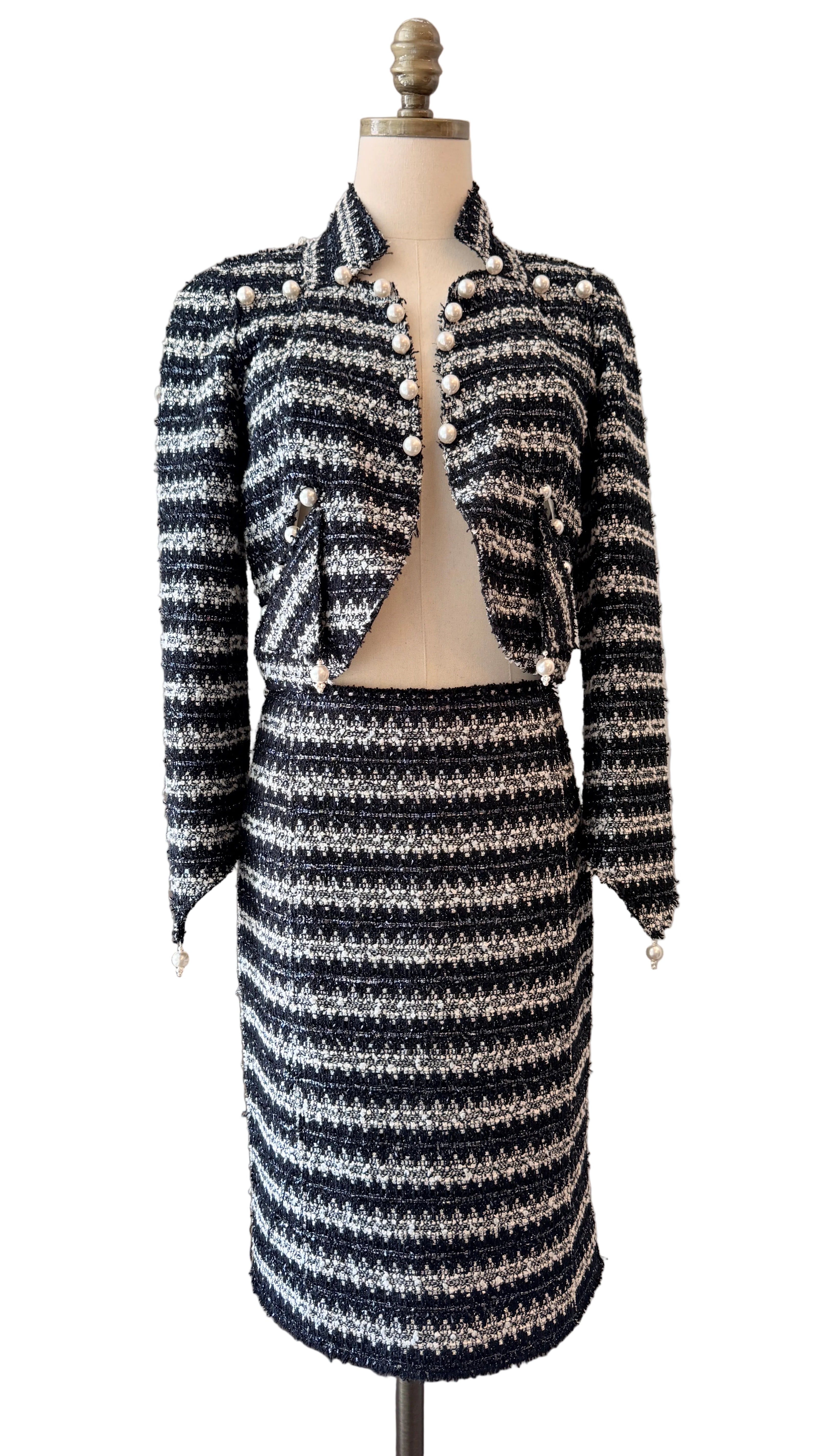 1990s Marc Jacobs Black & White Metallic Two-Piece Skirt Set with Cropped Open-Work Blazer & Pearl Details