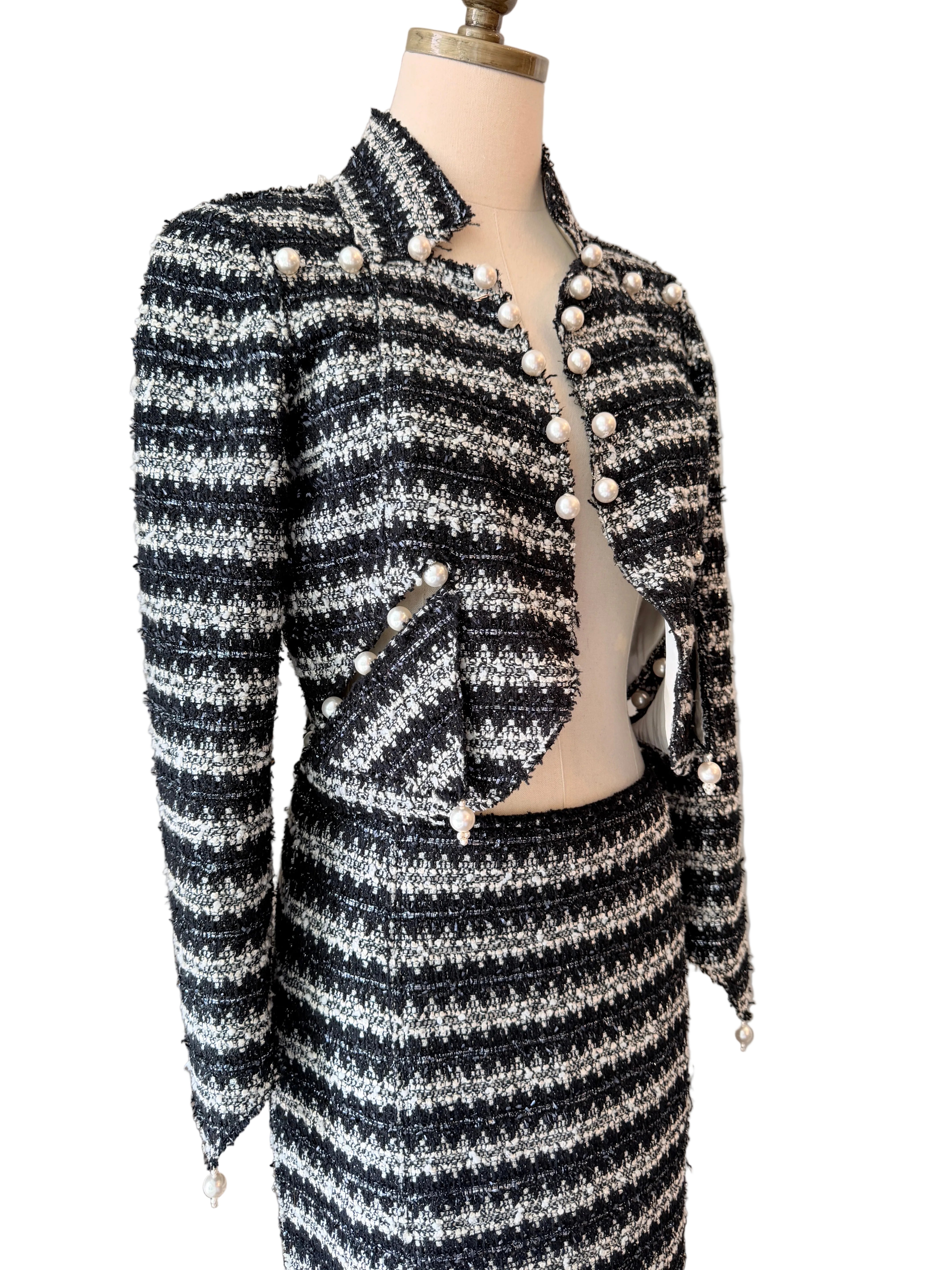 1990s Marc Jacobs Black & White Metallic Two-Piece Skirt Set with Cropped Open-Work Blazer & Pearl Details