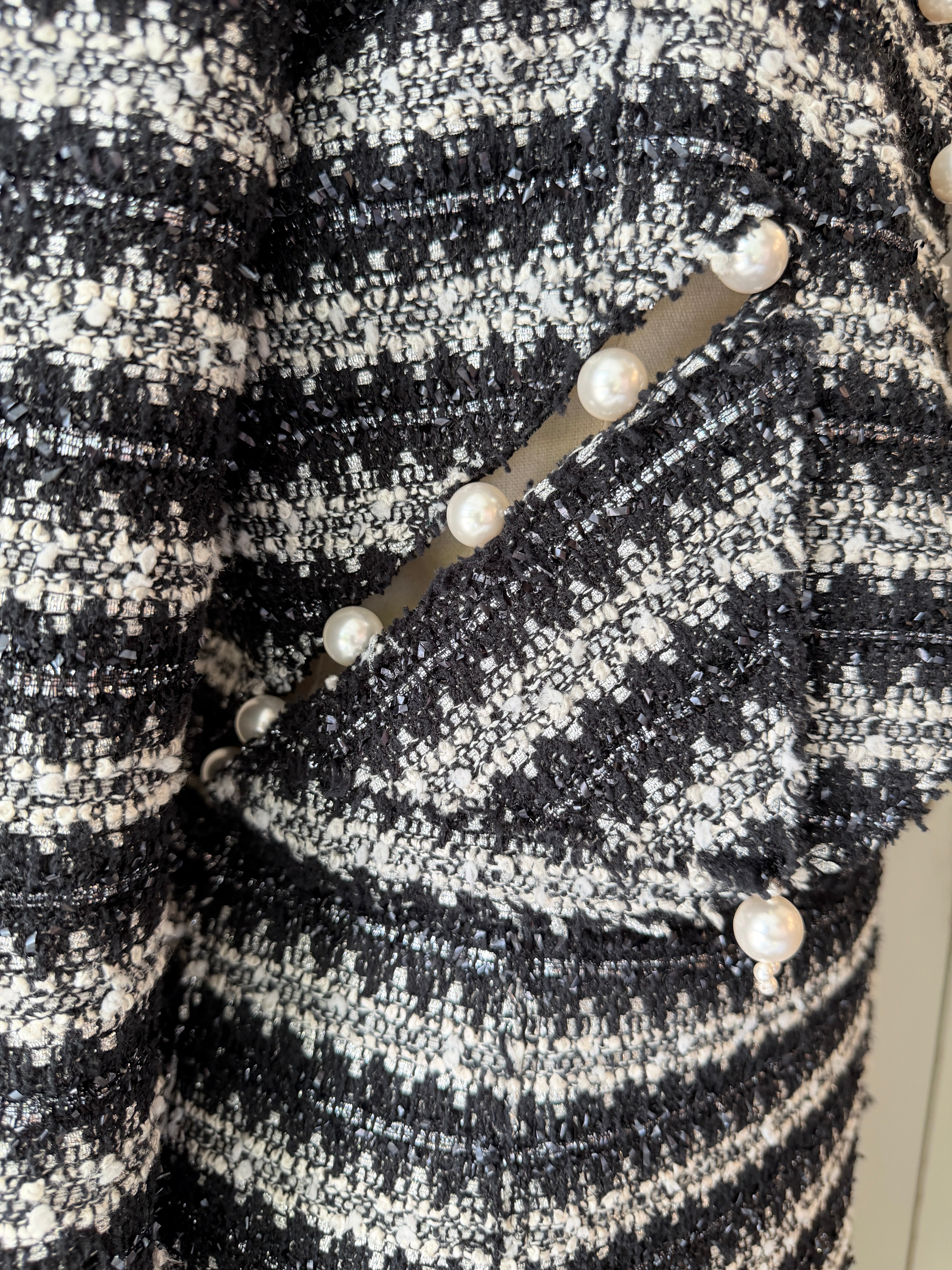 1990s Marc Jacobs Black & White Metallic Two-Piece Skirt Set with Cropped Open-Work Blazer & Pearl Details