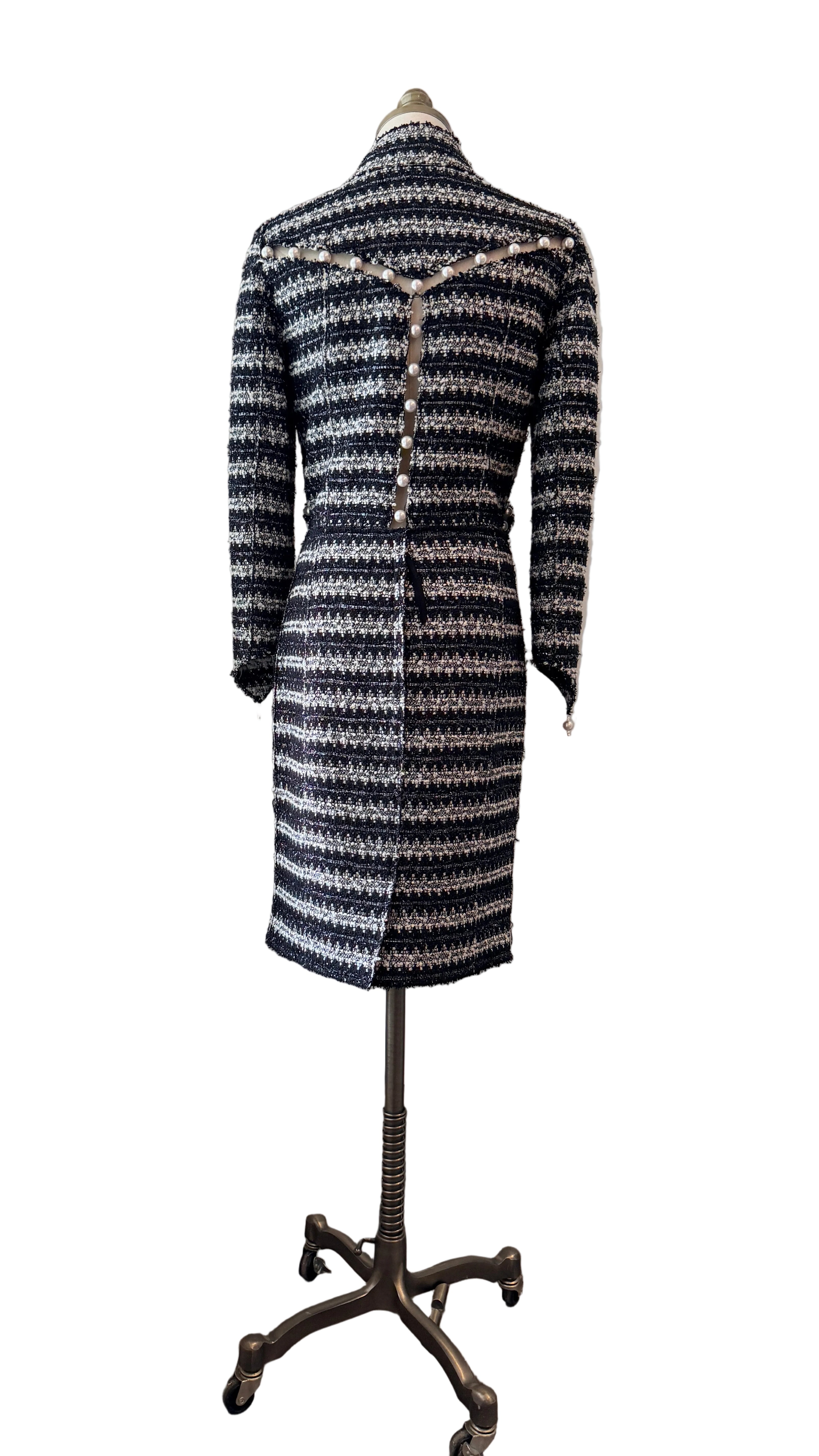 1990s Marc Jacobs Black & White Metallic Two-Piece Skirt Set with Cropped Open-Work Blazer & Pearl Details
