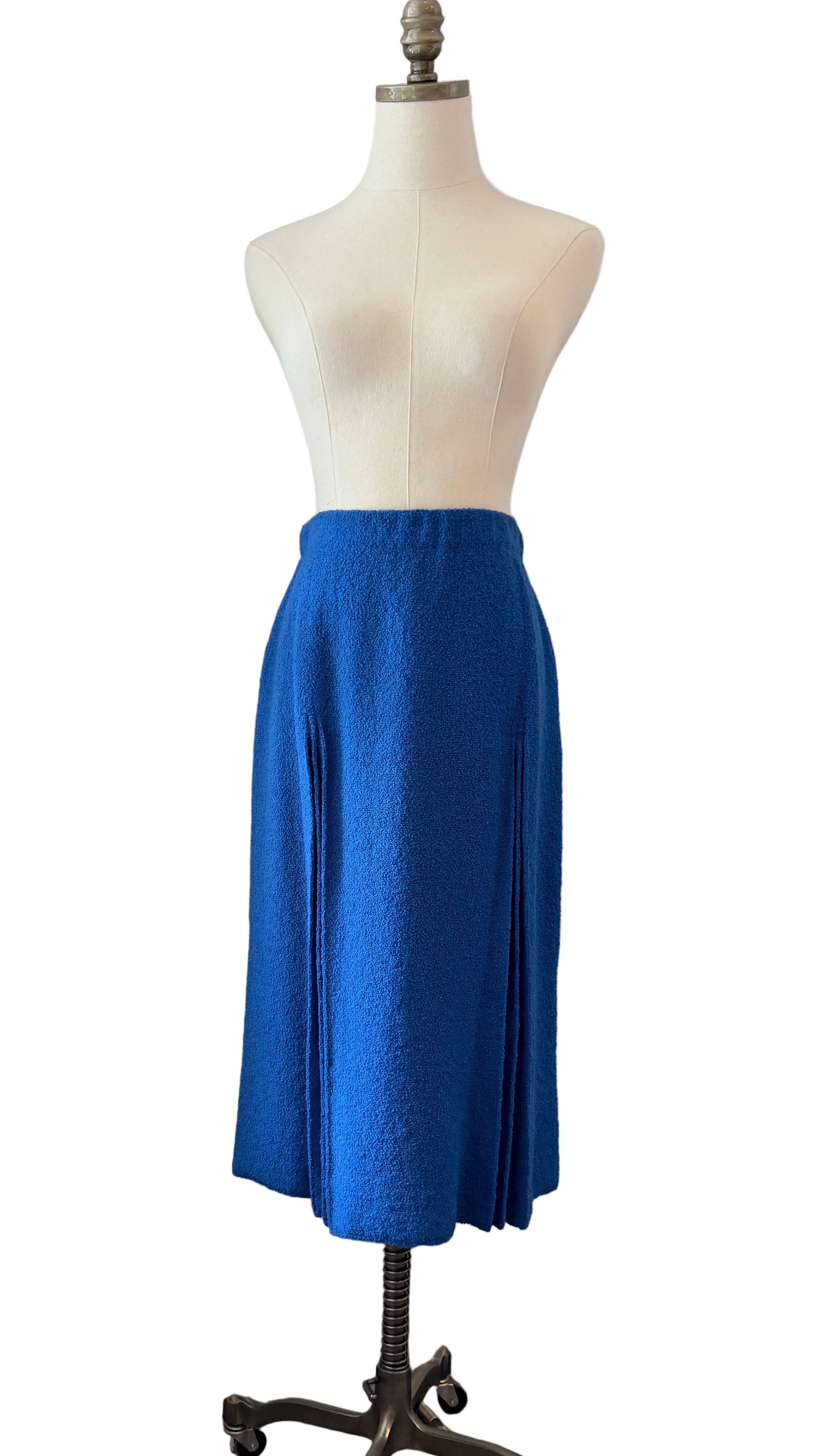 1960s Adolfo Royal Blue & Black Striped Knit Suit with Chain Belt & Pleated Hem Skirt