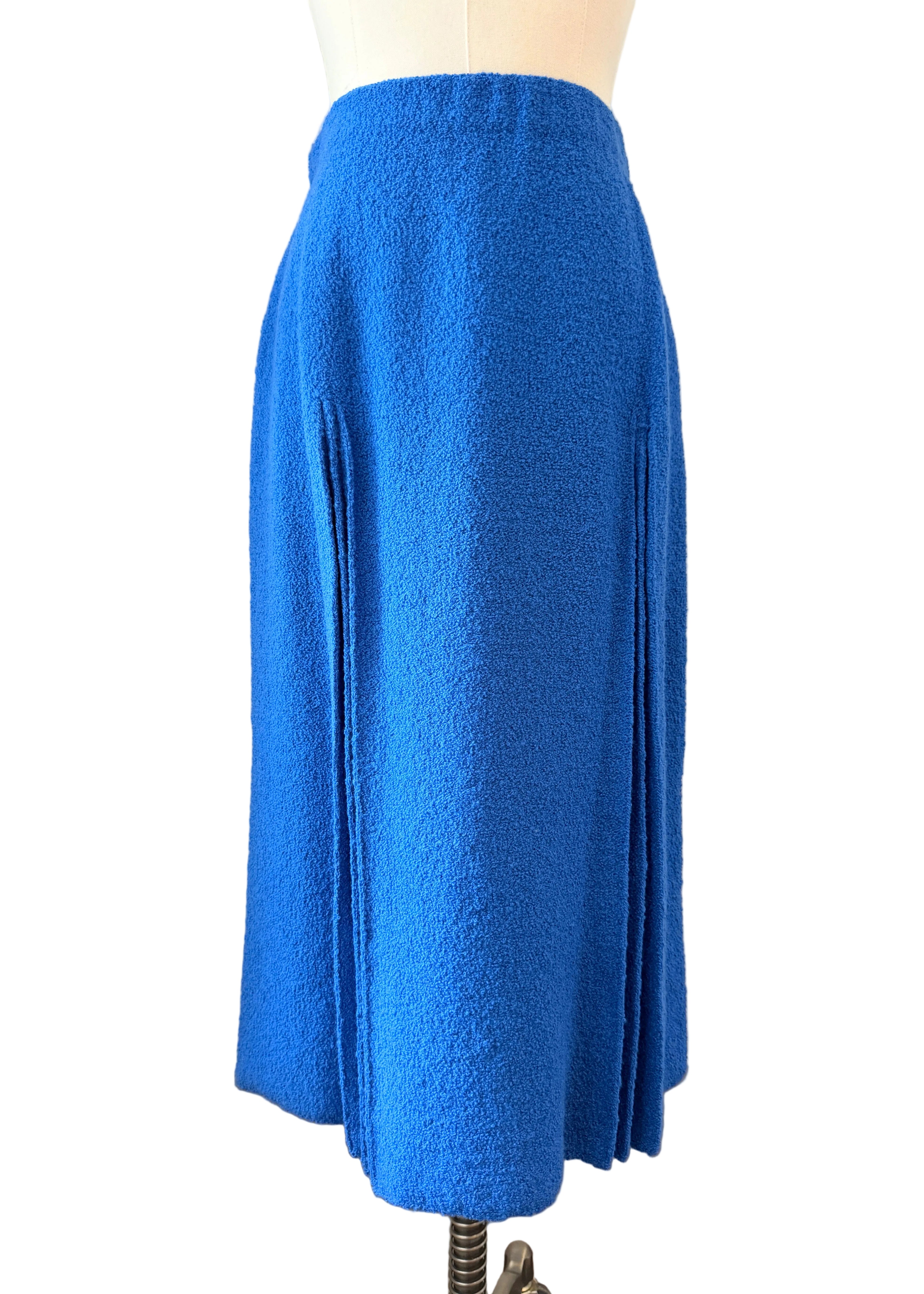 1960s Adolfo Royal Blue & Black Striped Knit Suit with Chain Belt & Pleated Hem Skirt