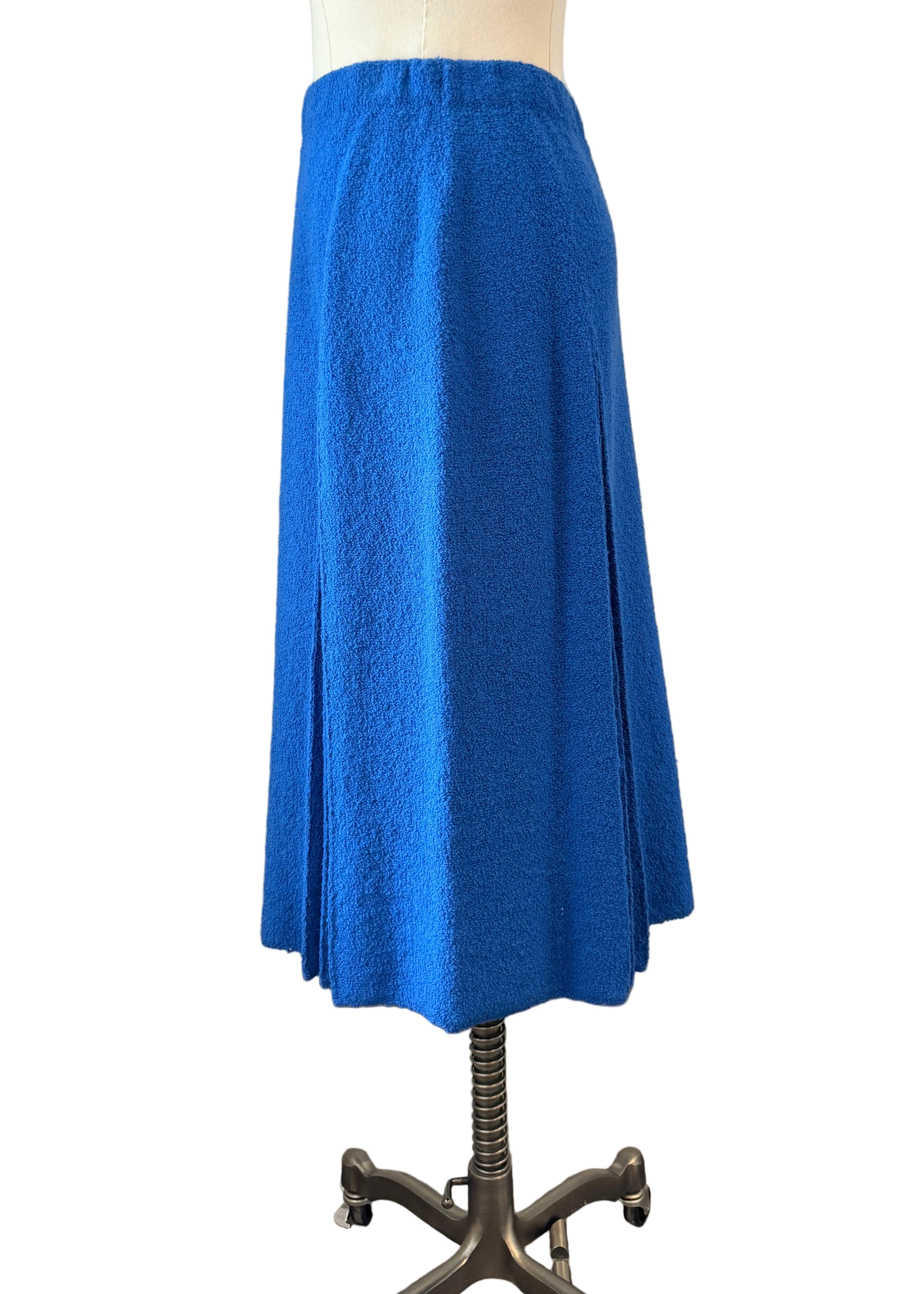 1960s Adolfo Royal Blue & Black Striped Knit Suit with Chain Belt & Pleated Hem Skirt