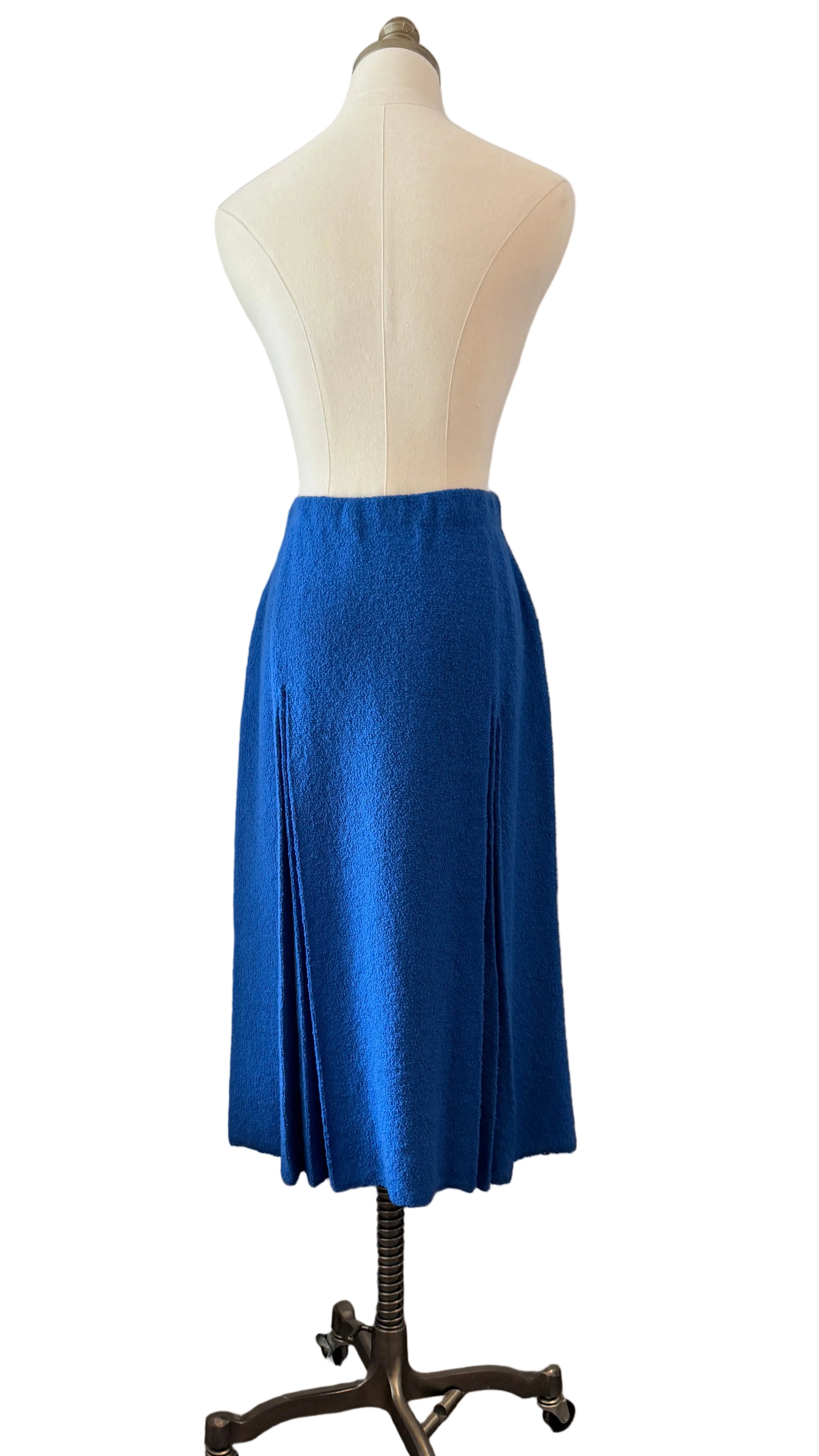 1960s Adolfo Royal Blue & Black Striped Knit Suit with Chain Belt & Pleated Hem Skirt