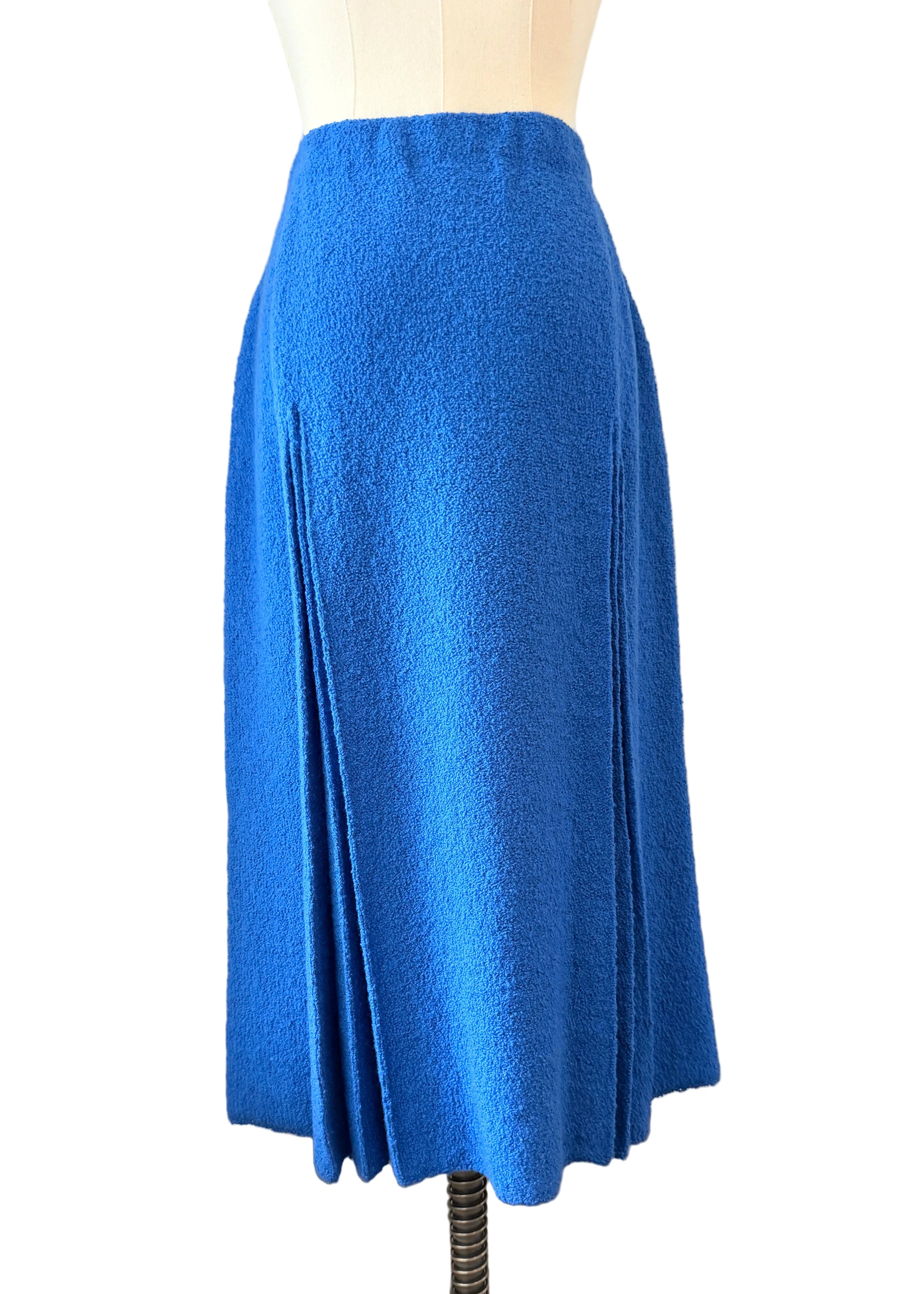 1960s Adolfo Royal Blue & Black Striped Knit Suit with Chain Belt & Pleated Hem Skirt