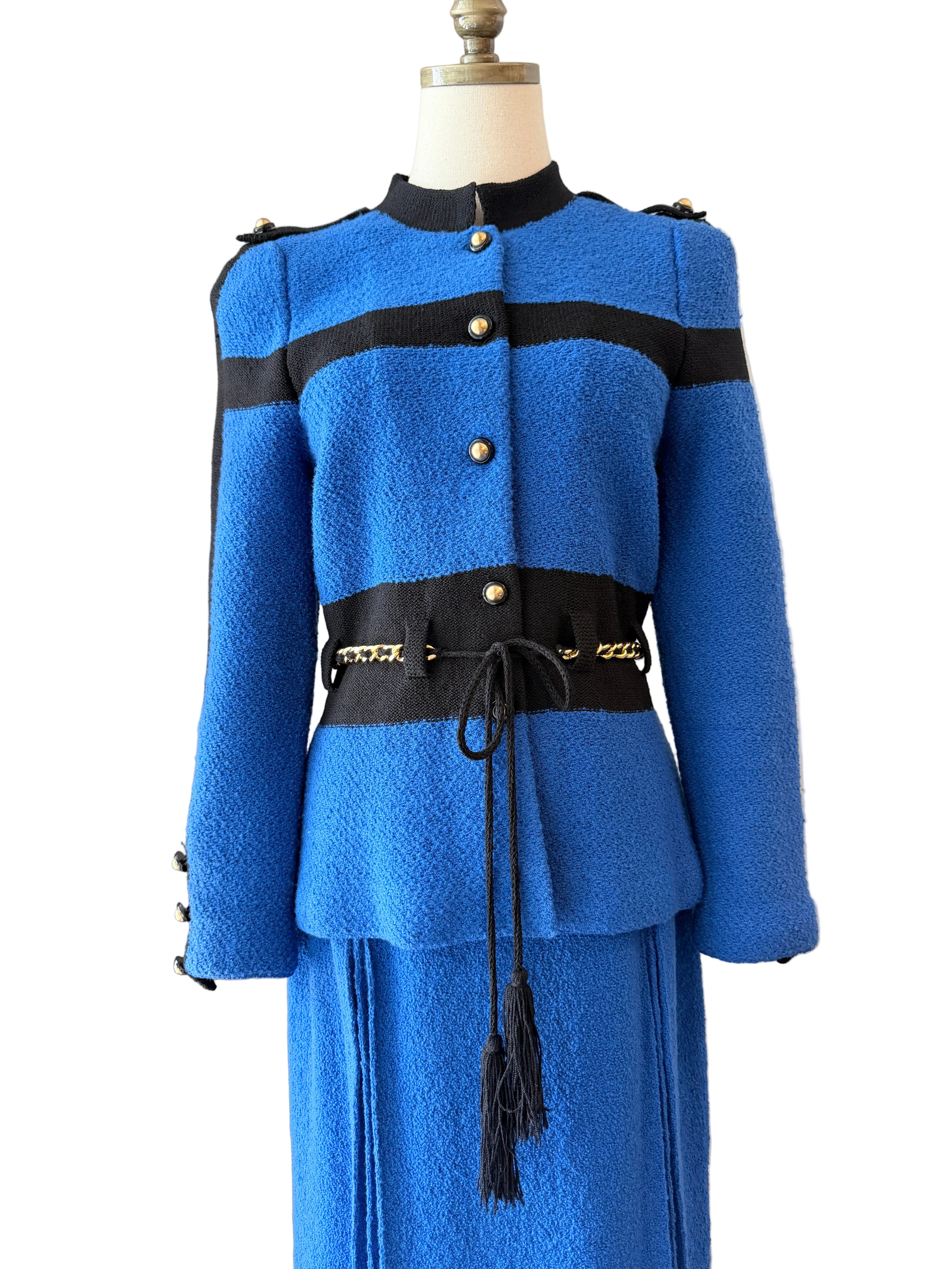 1960s Adolfo Royal Blue & Black Striped Knit Suit with Chain Belt & Pleated Hem Skirt