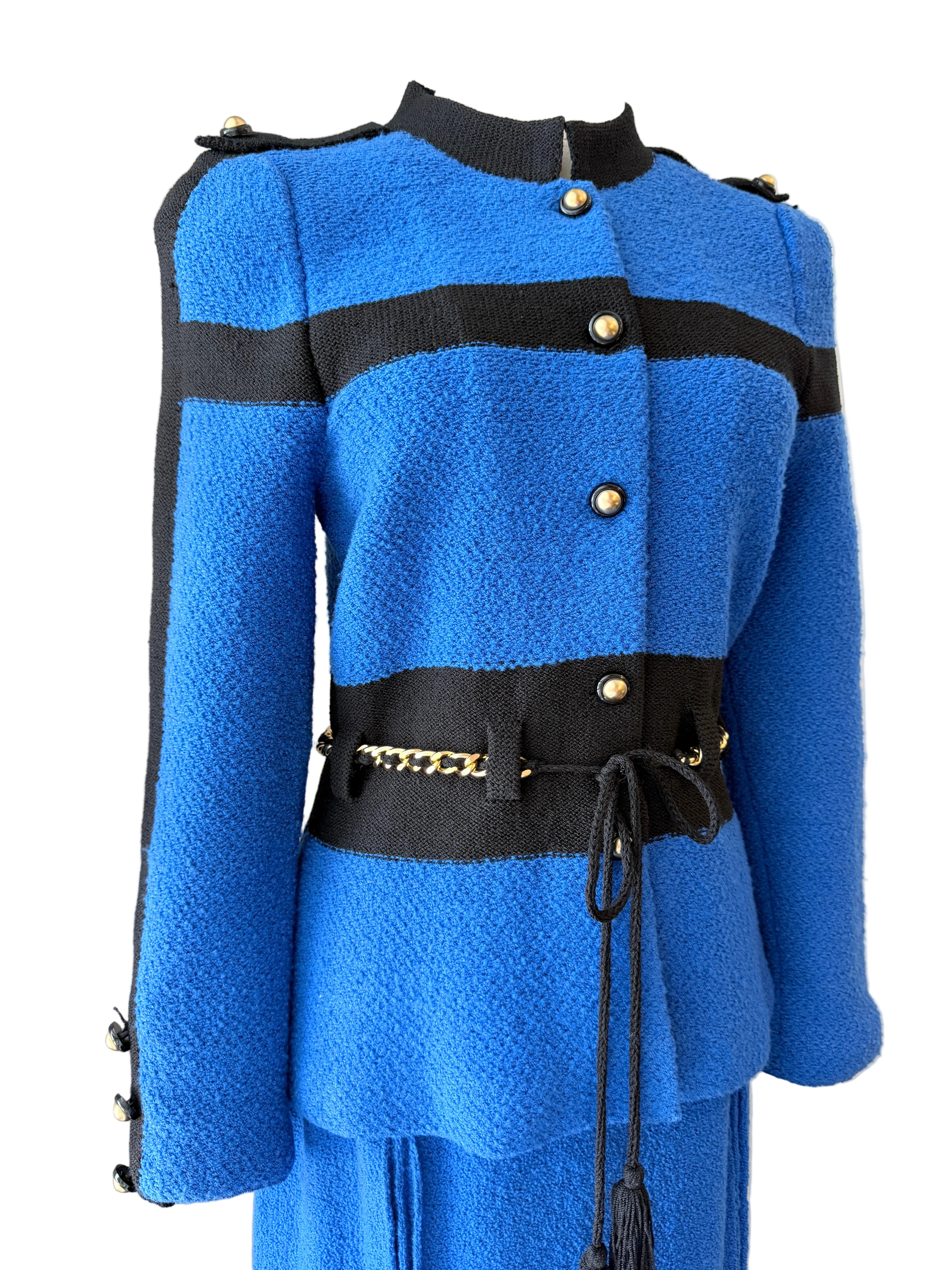 1960s Adolfo Royal Blue & Black Striped Knit Suit with Chain Belt & Pleated Hem Skirt