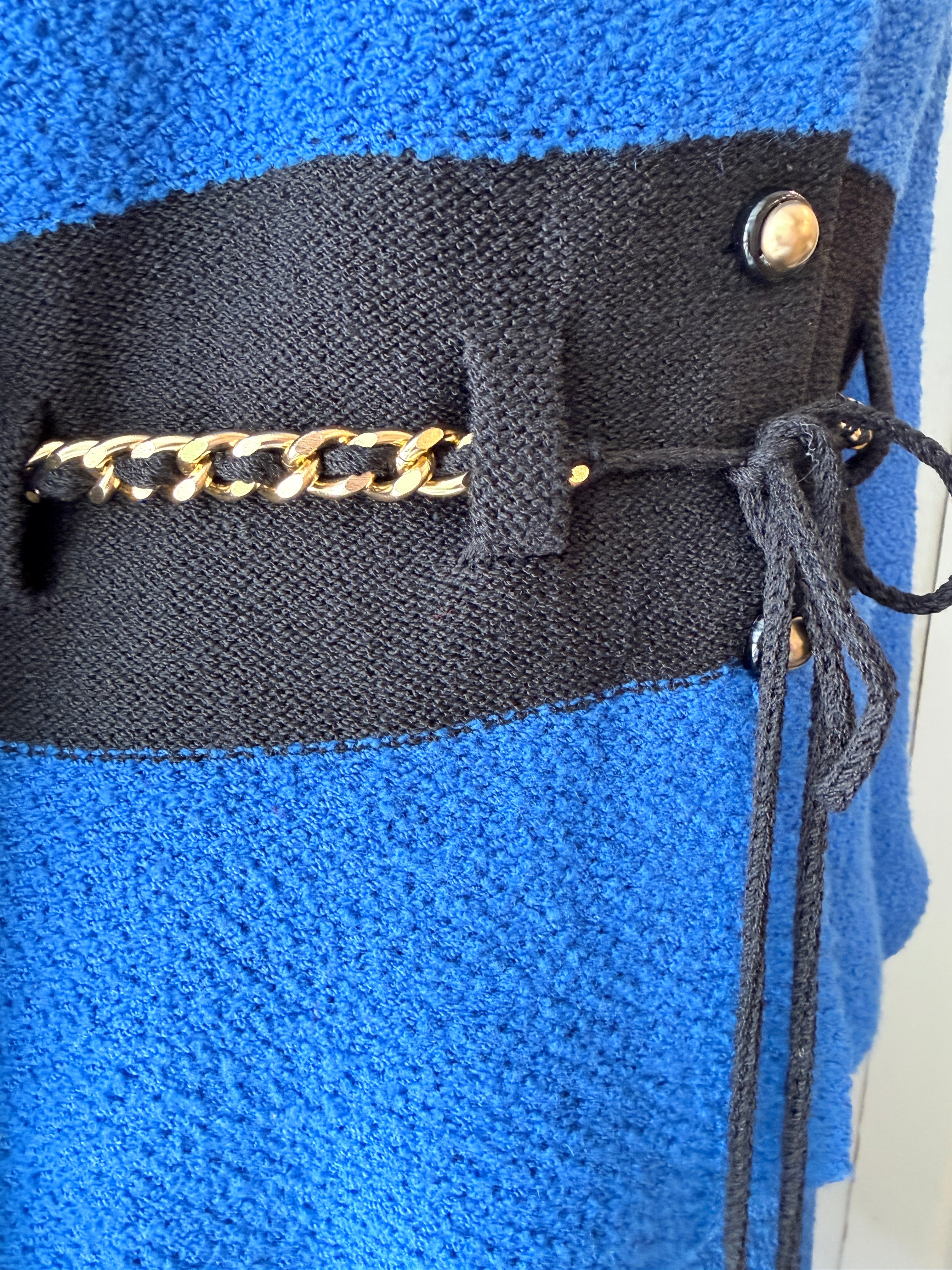 1960s Adolfo Royal Blue & Black Striped Knit Suit with Chain Belt & Pleated Hem Skirt