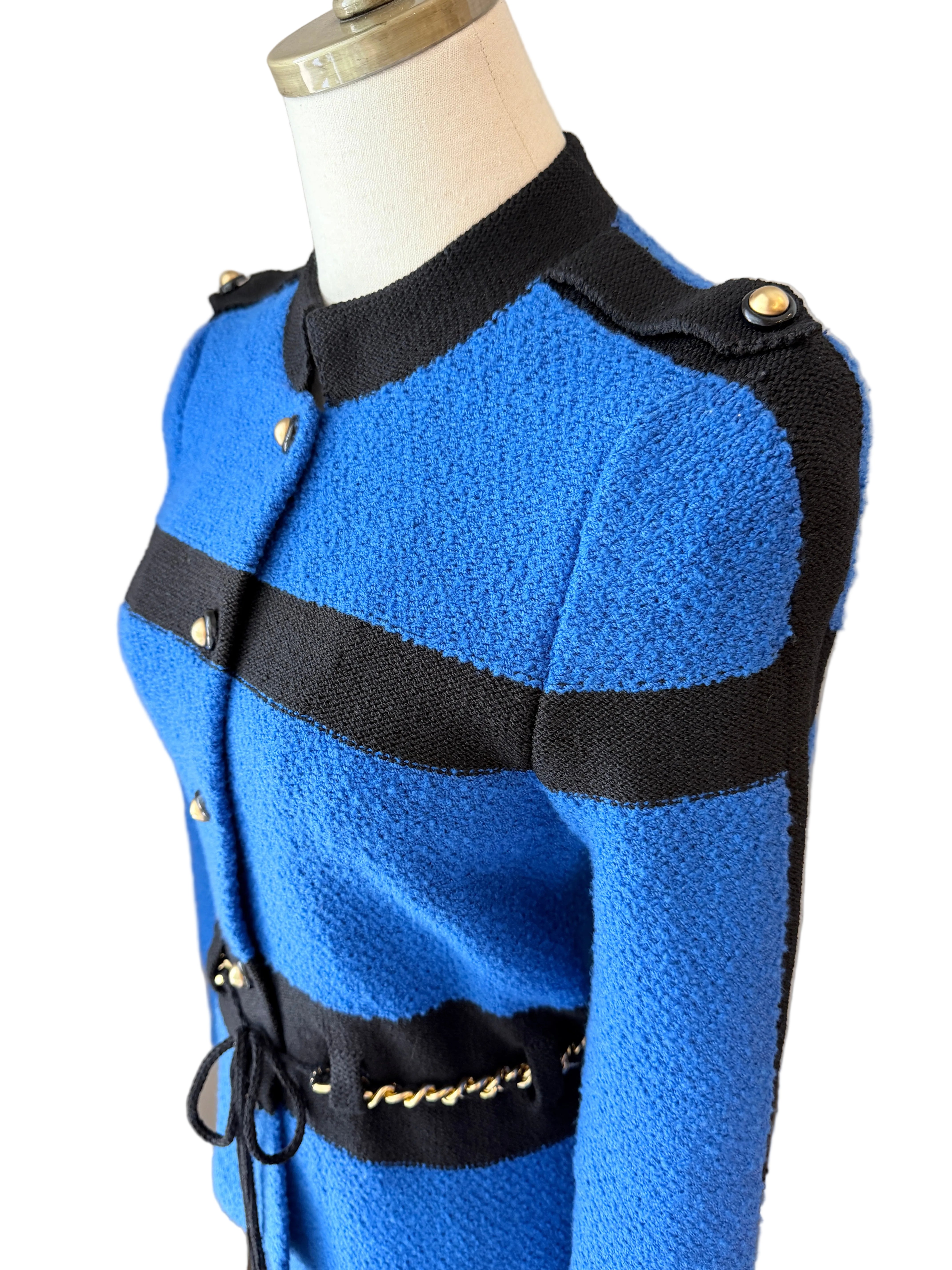 1960s Adolfo Royal Blue & Black Striped Knit Suit with Chain Belt & Pleated Hem Skirt