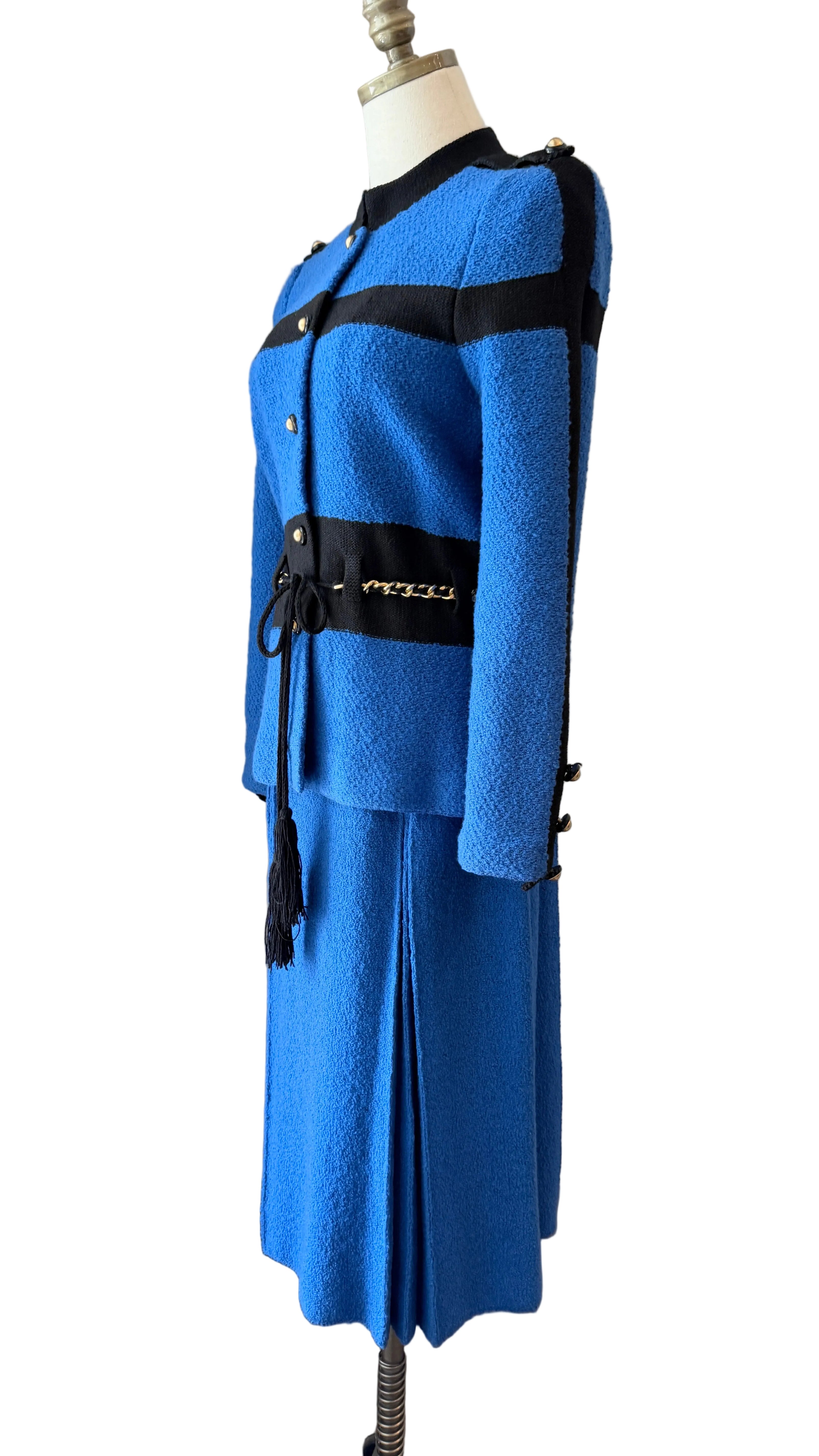 1960s Adolfo Royal Blue & Black Striped Knit Suit with Chain Belt & Pleated Hem Skirt