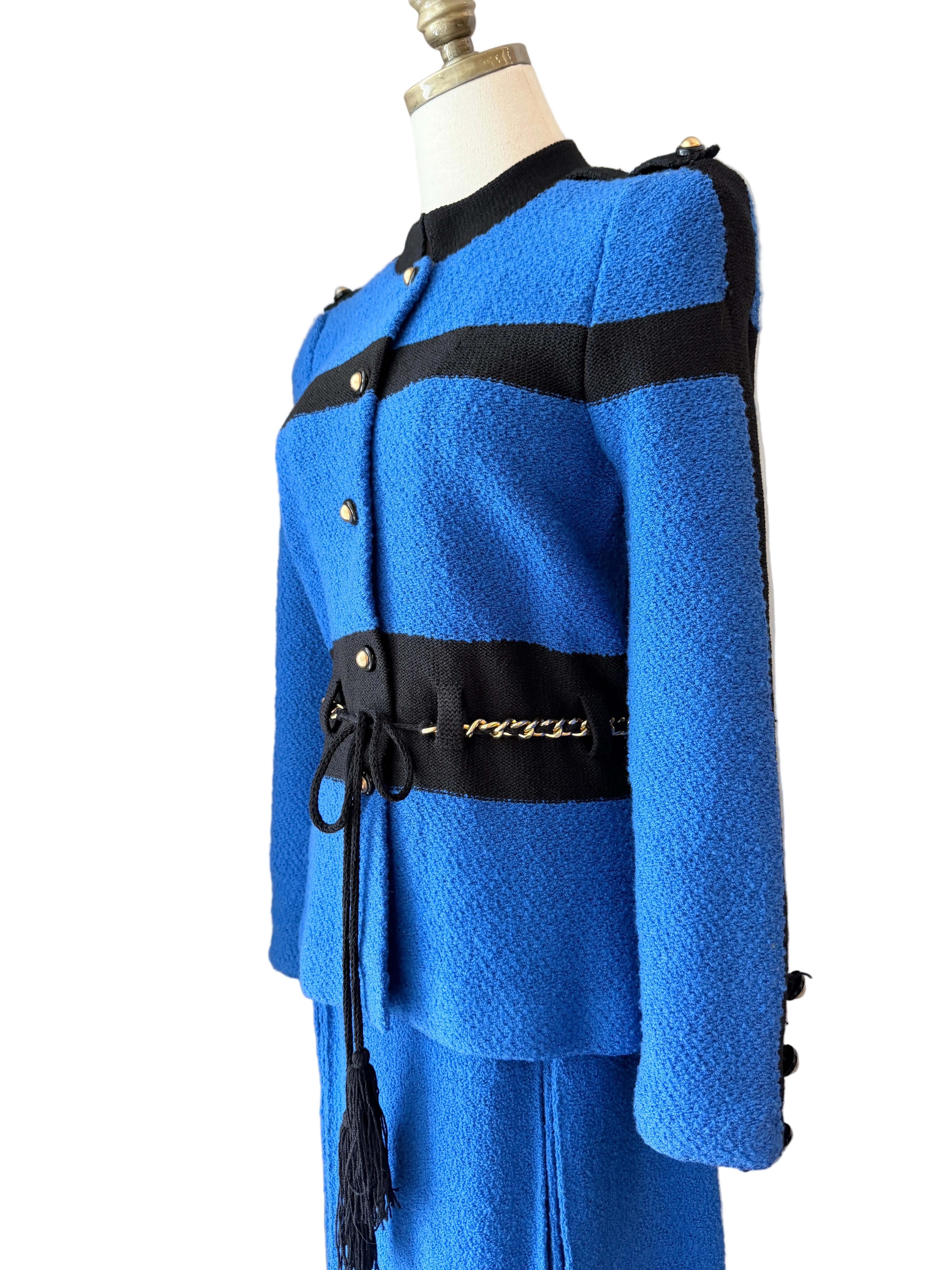 1960s Adolfo Royal Blue & Black Striped Knit Suit with Chain Belt & Pleated Hem Skirt