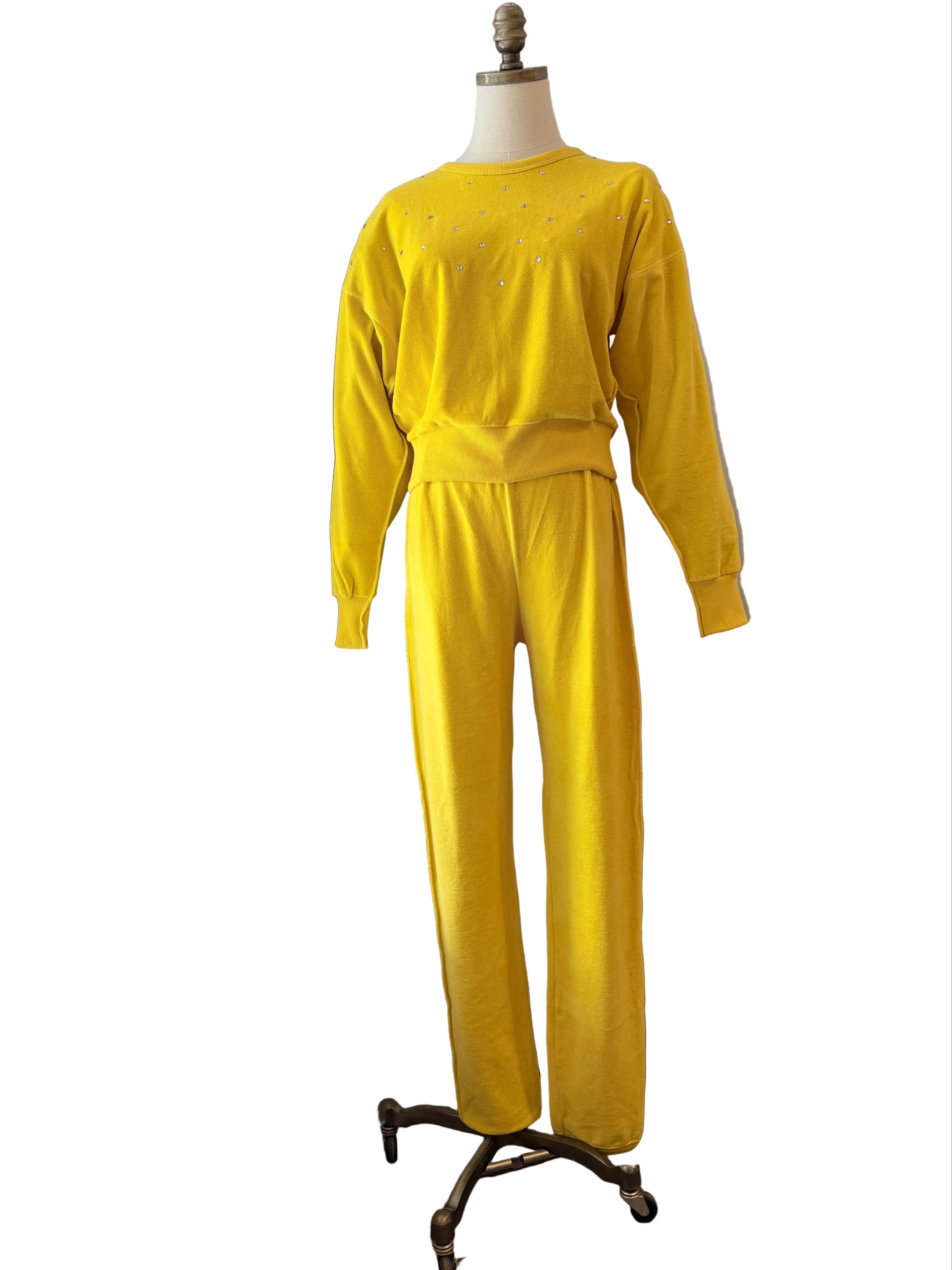 1980s Sonia Rykiel Yellow Velour Three-Piece Ensemble with Rhinestone Accents
