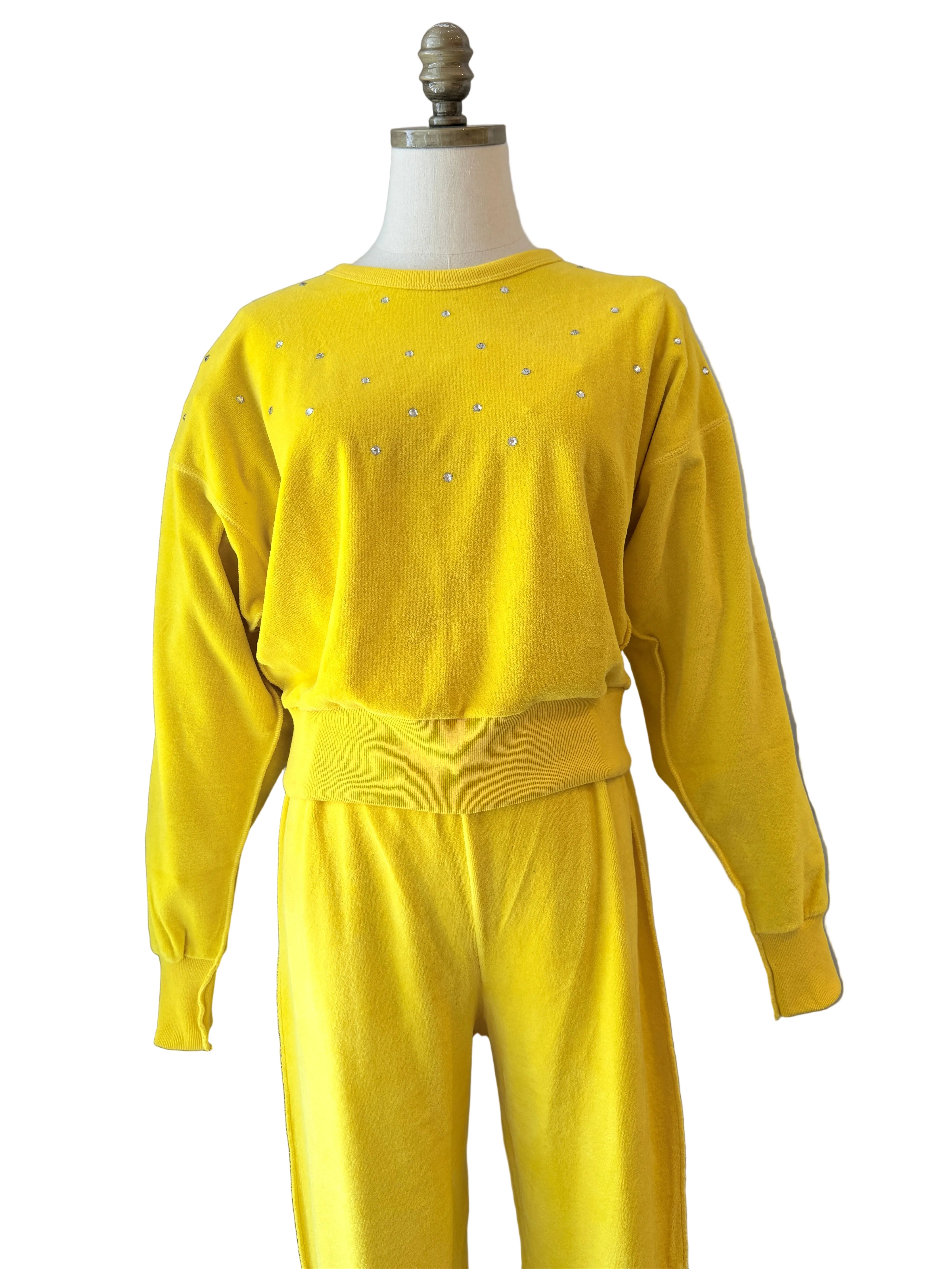 1980s Sonia Rykiel Yellow Velour Three-Piece Ensemble with Rhinestone Accents