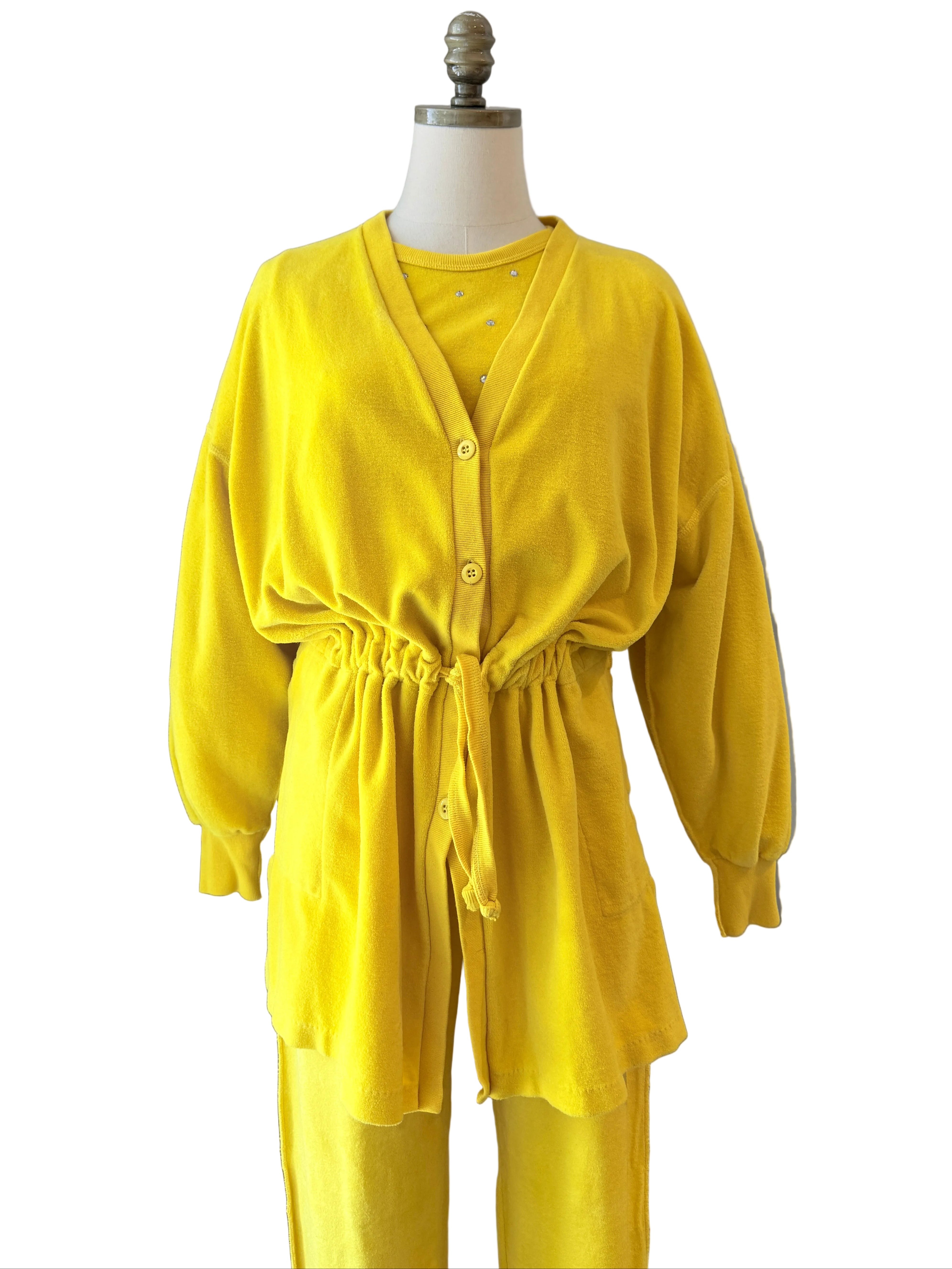 1980s Sonia Rykiel Yellow Velour Three-Piece Ensemble with Rhinestone Accents