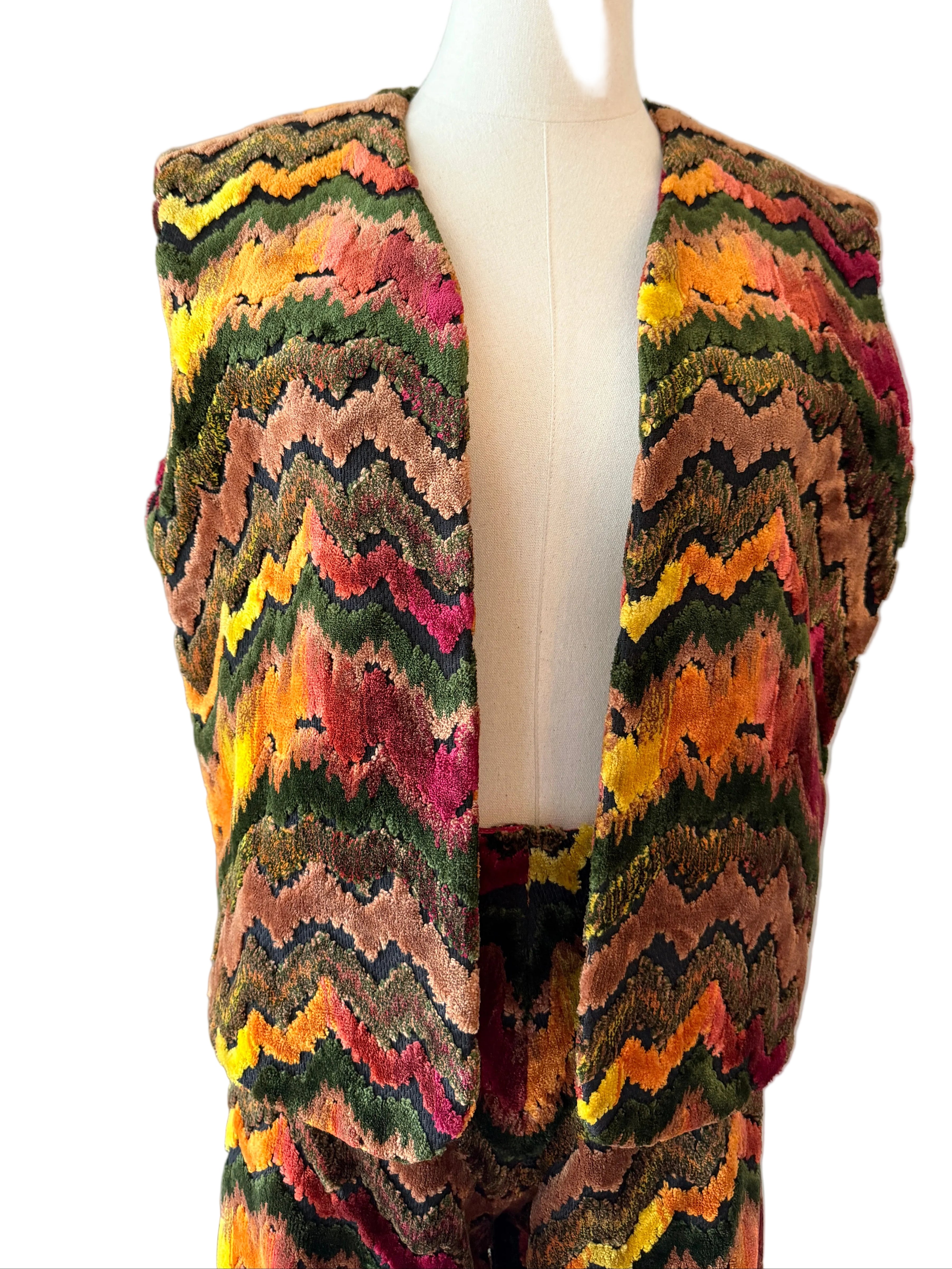 1970s Custom-Made Velvet Carpet Vest & Pants Set with Chevron Design