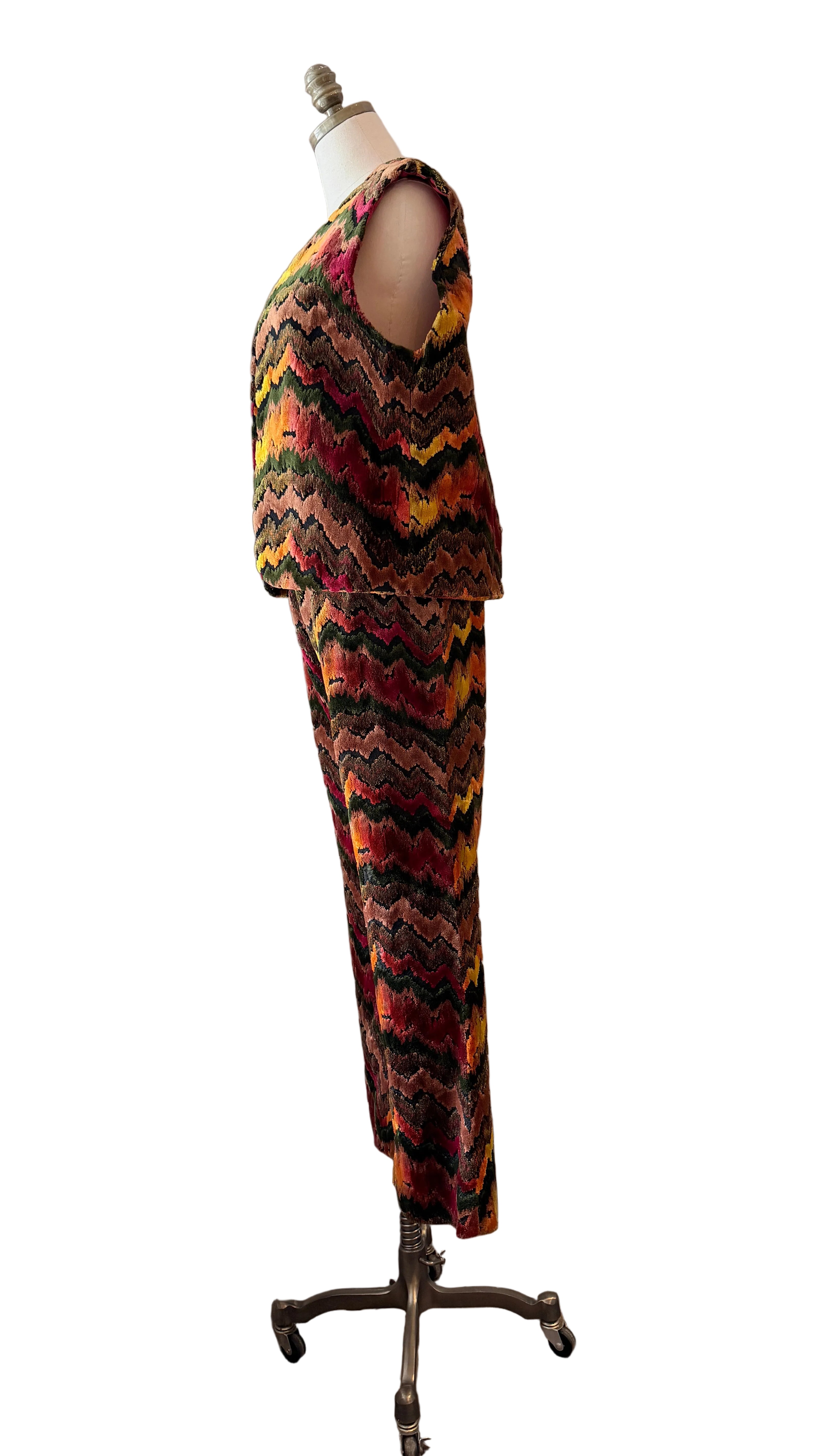 1970s Custom-Made Velvet Carpet Vest & Pants Set with Chevron Design